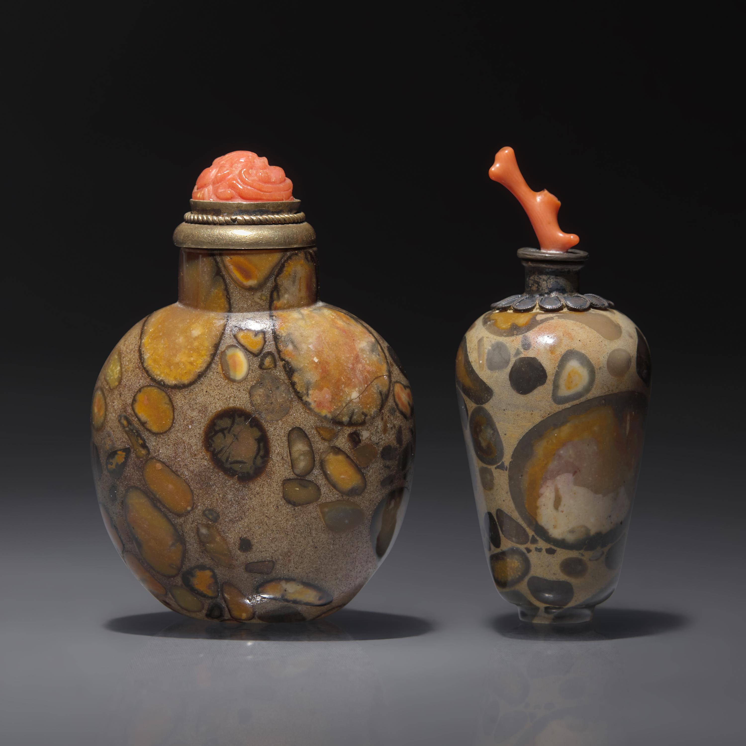 Two Chinese Puddingstone Snuff Bottles, Qing Dynasty, Circa 1750-1860 — 1750-1860年 抱子石鼻煙壺兩支