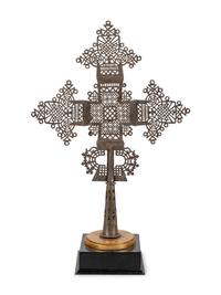 A Coptic Silvered Metal Processional Cross on Stand
