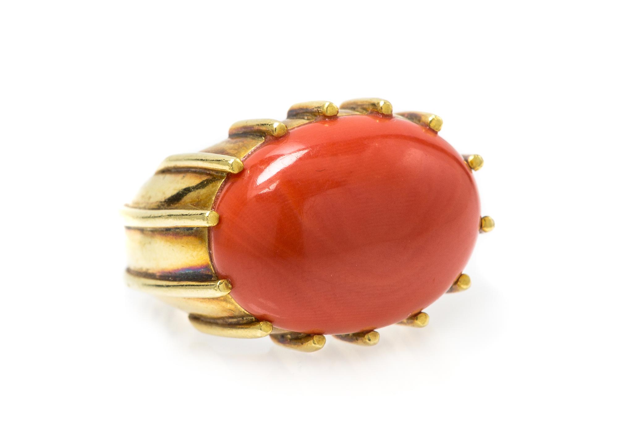 An 18 Karat Yellow Gold and Coral Ring, Trio, 12.00 dwts.