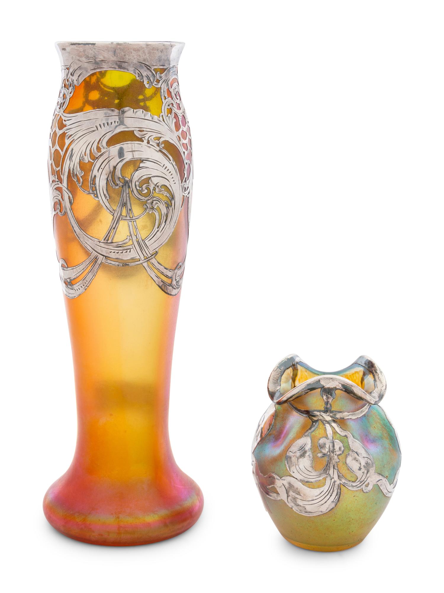 A Pair of Loetz Silver Overlay Vases