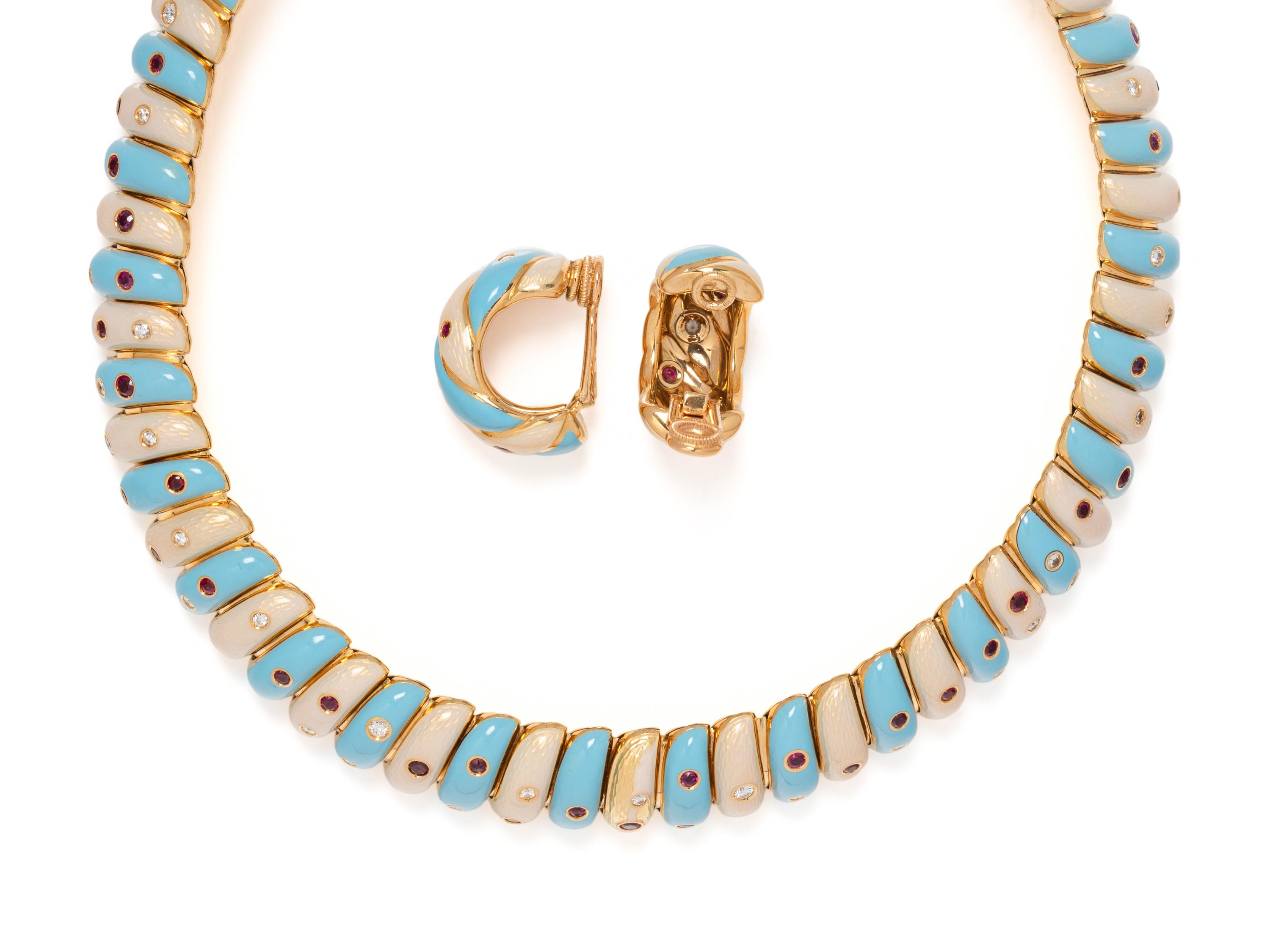 SPAULDING & CO., GUILLOCHÉ ENAMEL, DIAMOND AND RUBY PARURE
