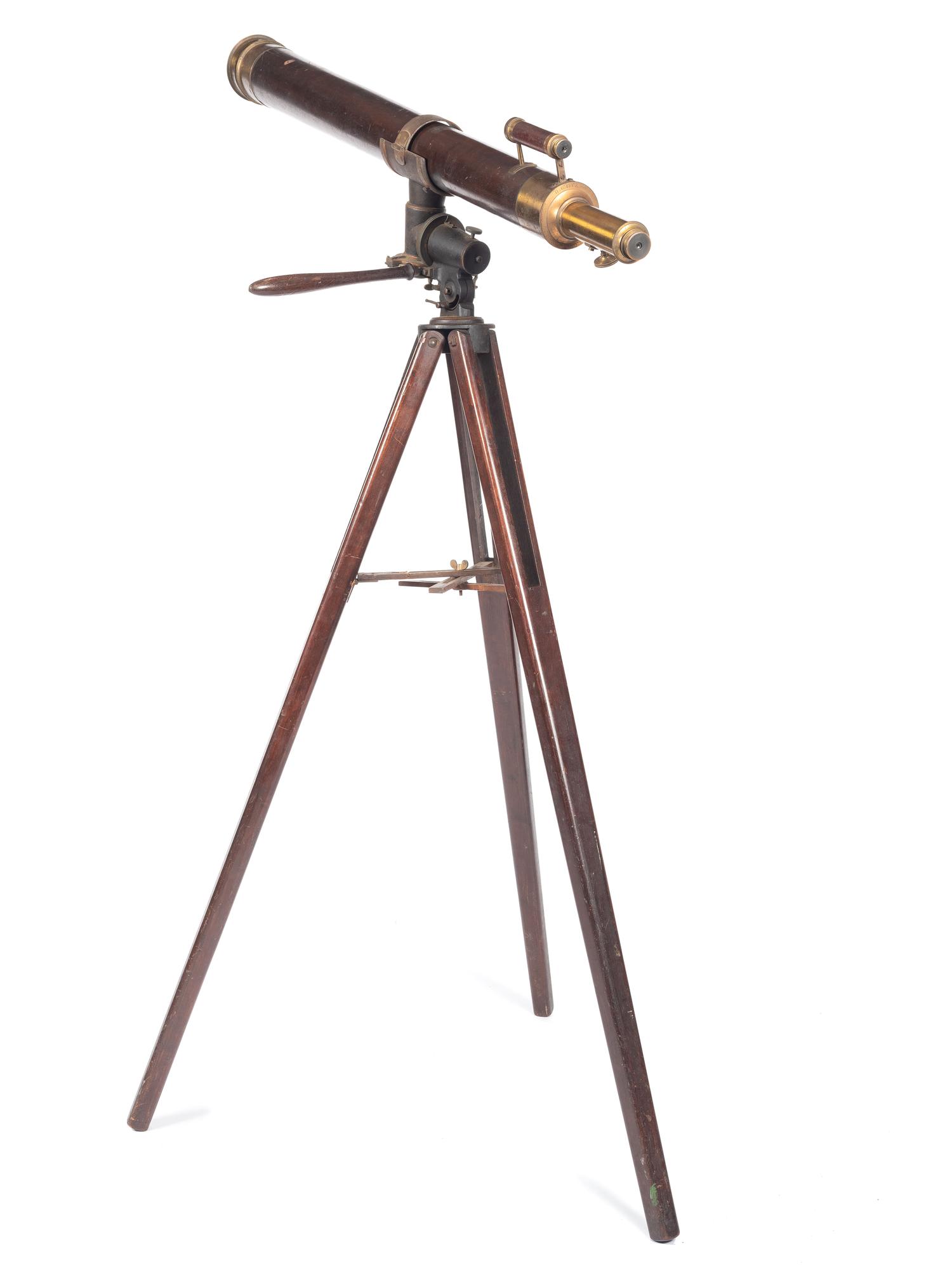 H.G. Fitz 4 1/8 inch telescope and tripod. Length of body tube 53 in. 19th century.