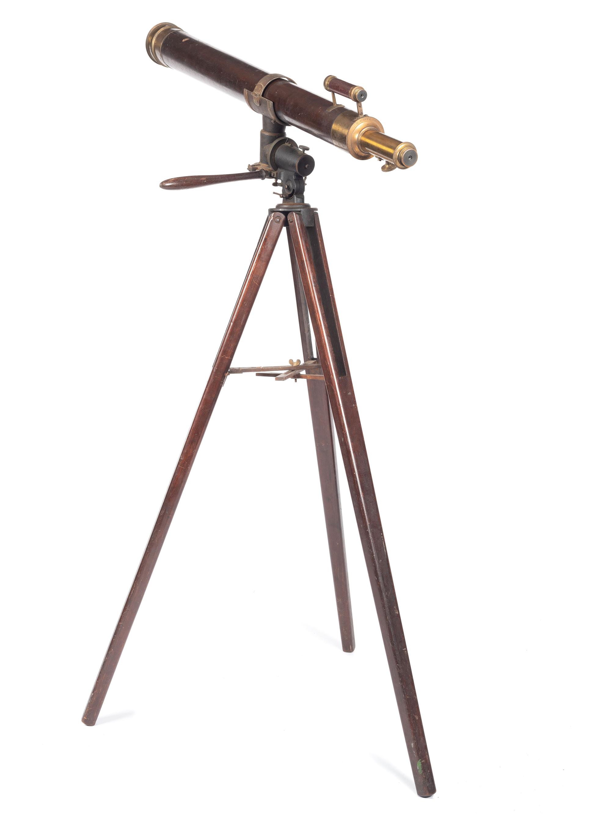 H.G. Fitz 4 1/8 inch telescope and tripod. Length of body tube 53 in. 19th century.