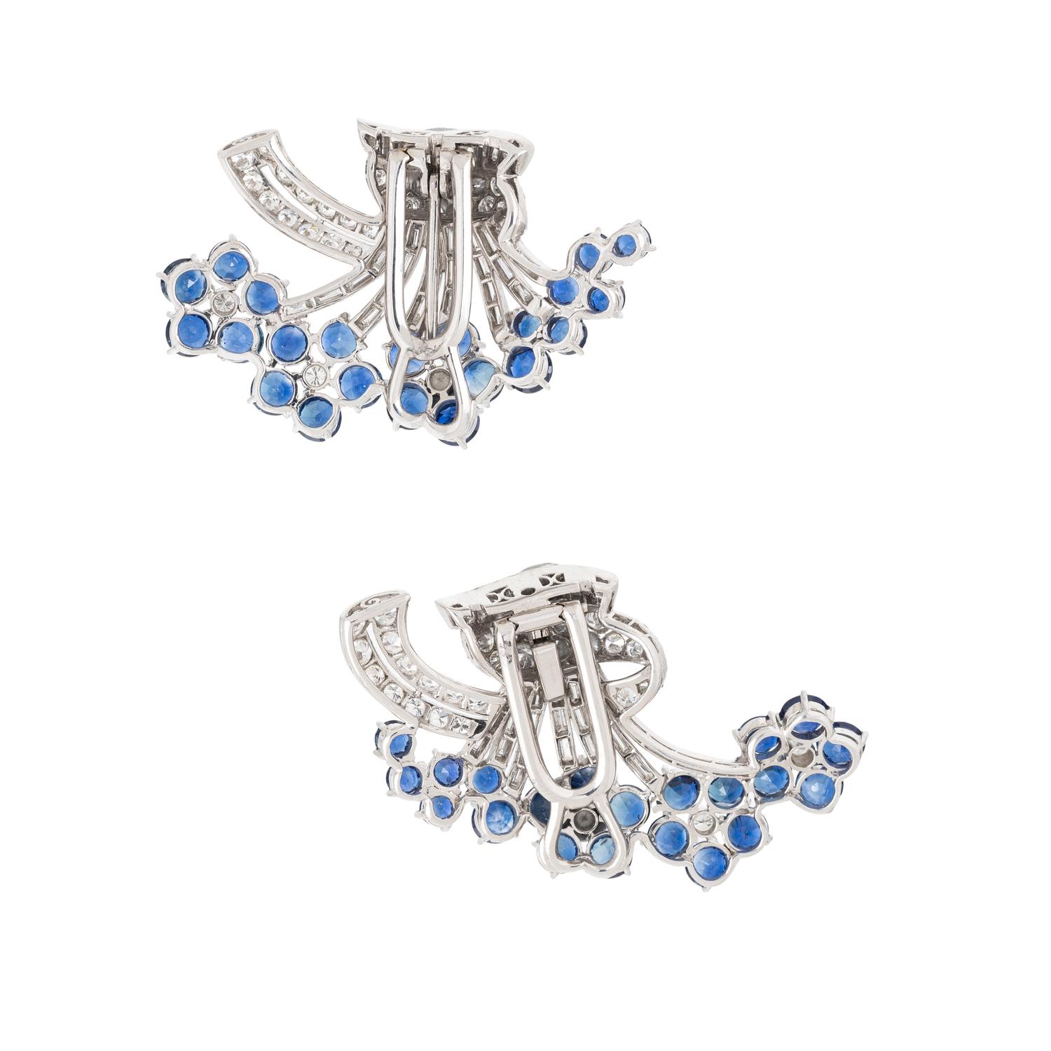 PAIR OF SAPPHIRE AND DIAMOND FLOWER CONVERTIBLE DRESS CLIPS