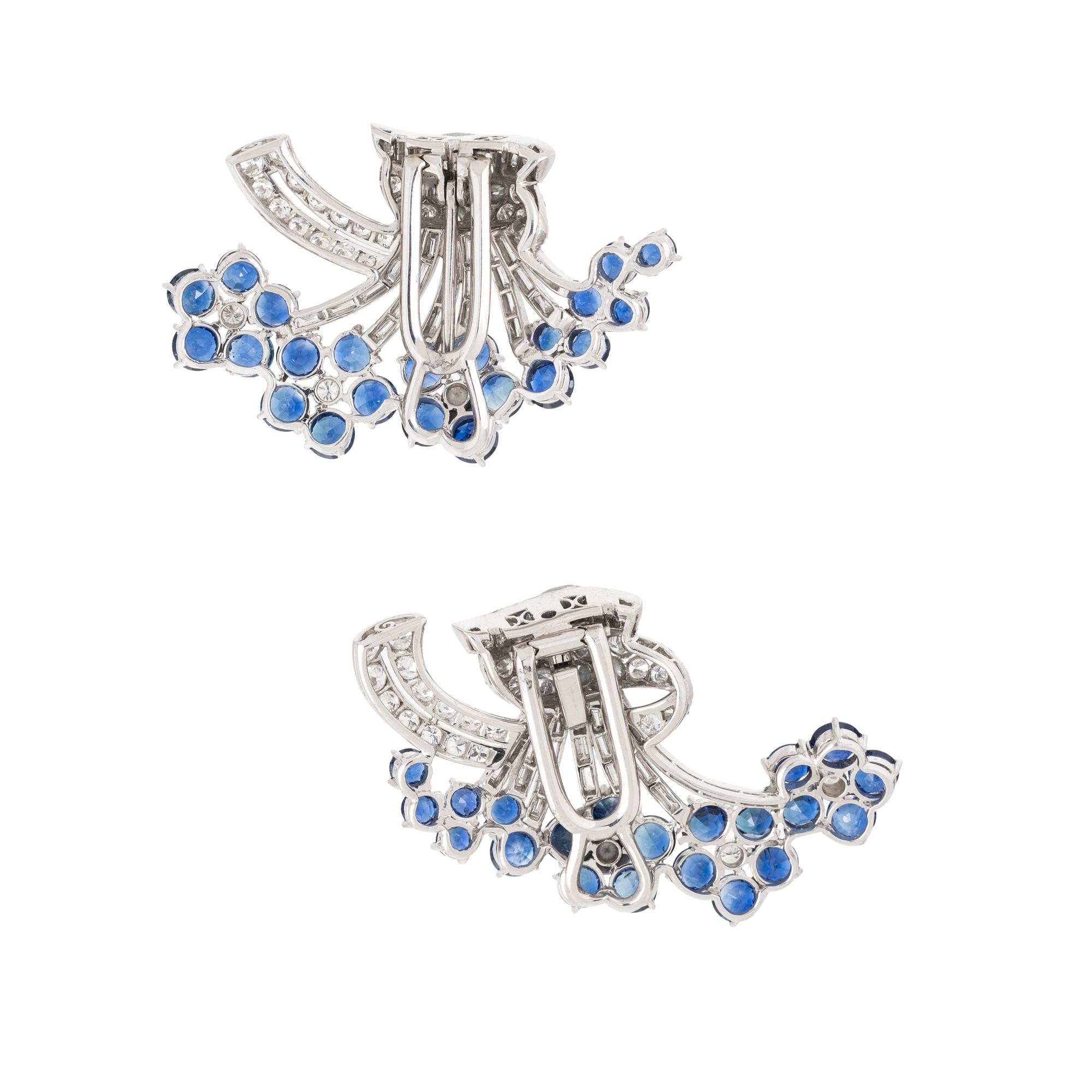 PAIR OF SAPPHIRE AND DIAMOND FLOWER CONVERTIBLE DRESS CLIPS