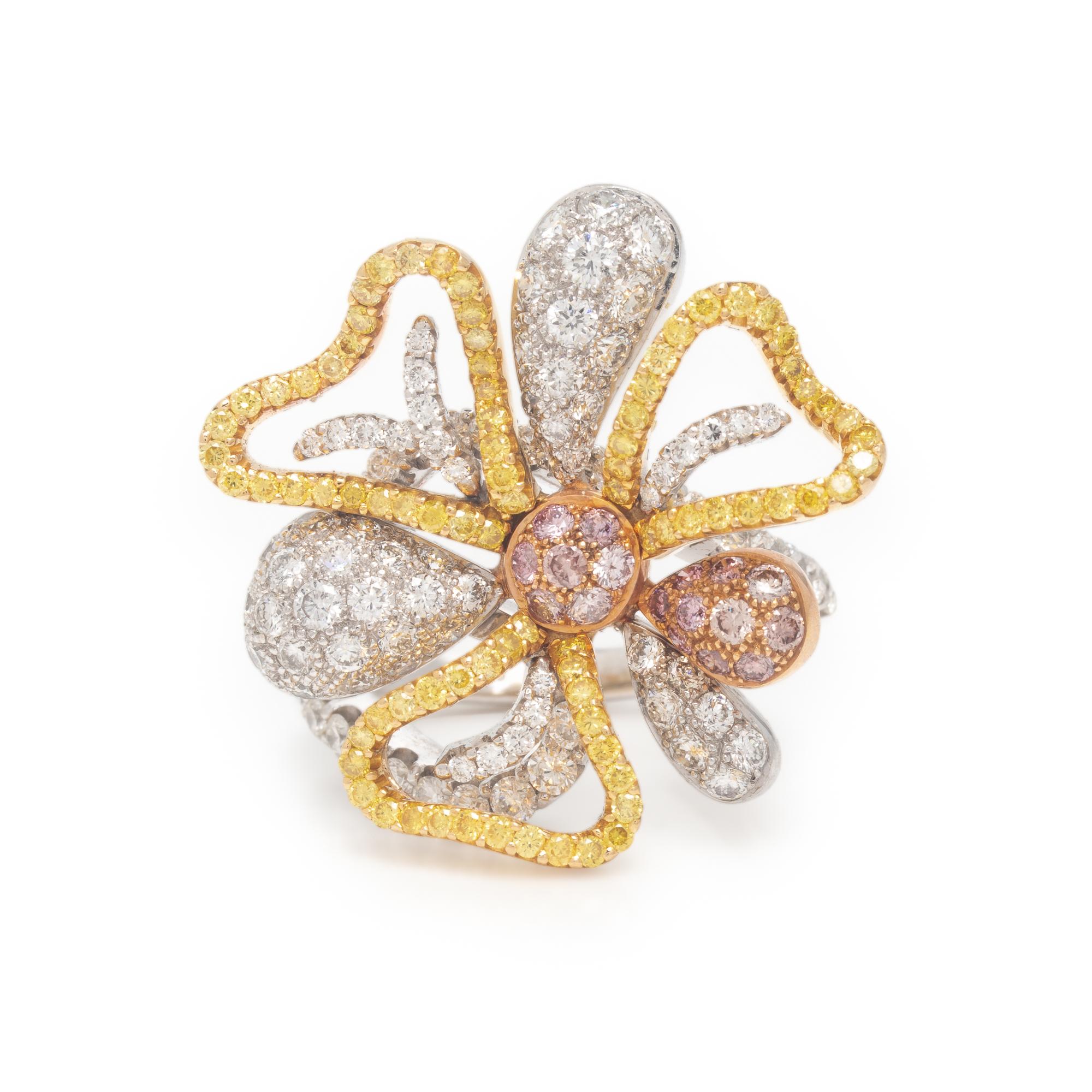 Salavetti, Colored Diamond, Diamond, Yellow Sapphire, and Tricolor Gold Flower Ring