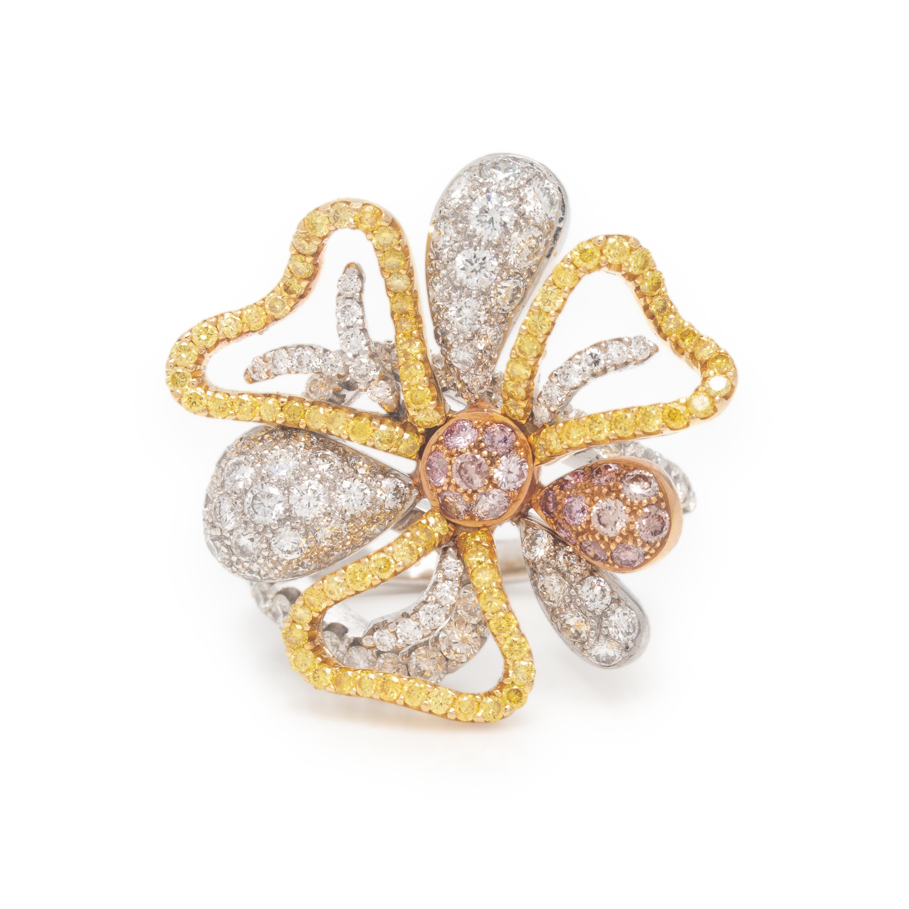 Salavetti, Colored Diamond, Diamond, Yellow Sapphire, and Tricolor Gold Flower Ring