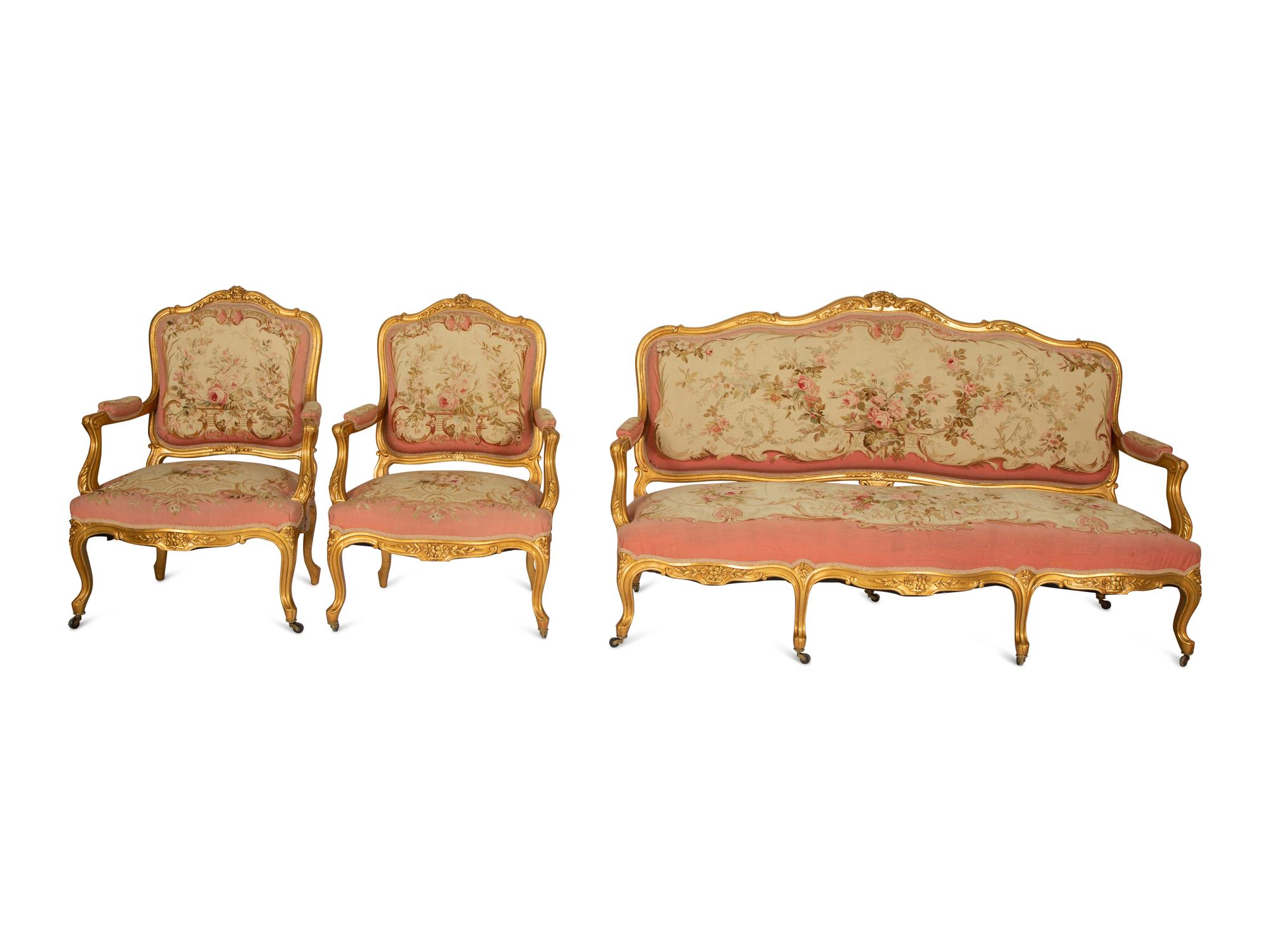 A Louis XV Style Three-Piece Carved Giltwood Salon Suite