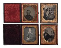 [EARLY PHOTOGRAPHY - PORTRAITURE]. A group of 21 assorted daguerreotypes, ambrotypes, tintypes, and CDVs of men, women, and children, with Kenosha, WI album with tintypes, CDVs, and cabinet cards.
