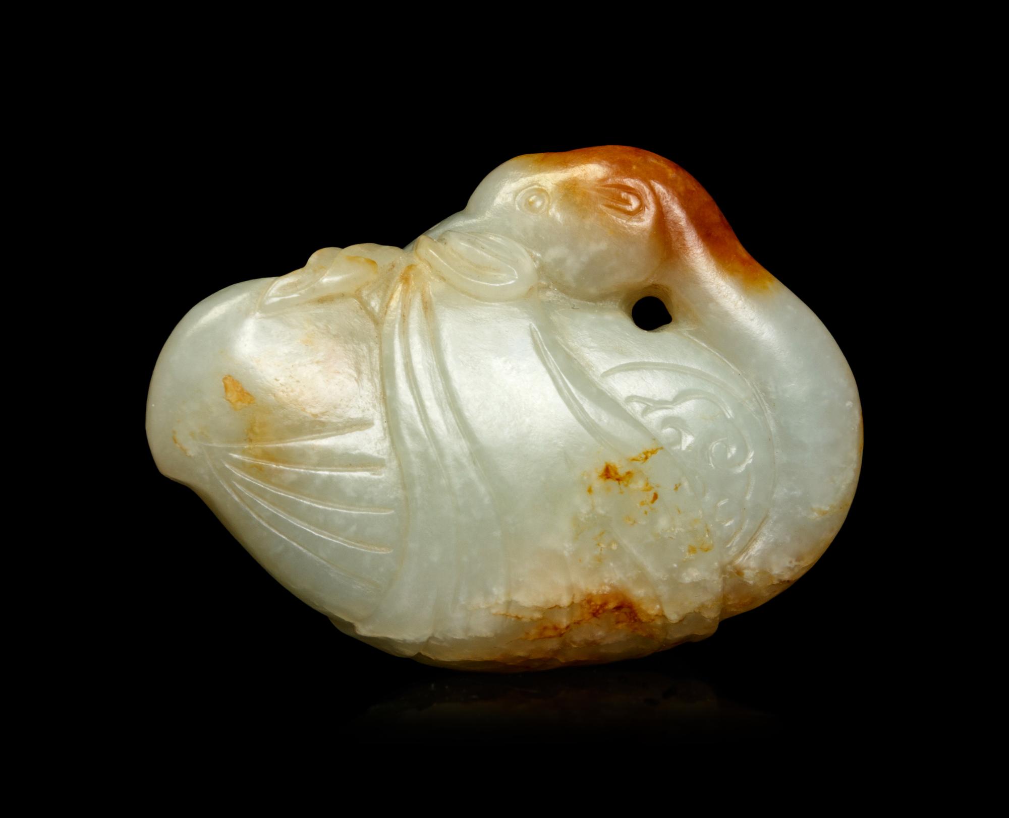 A Celadon and Russet Jade Goose