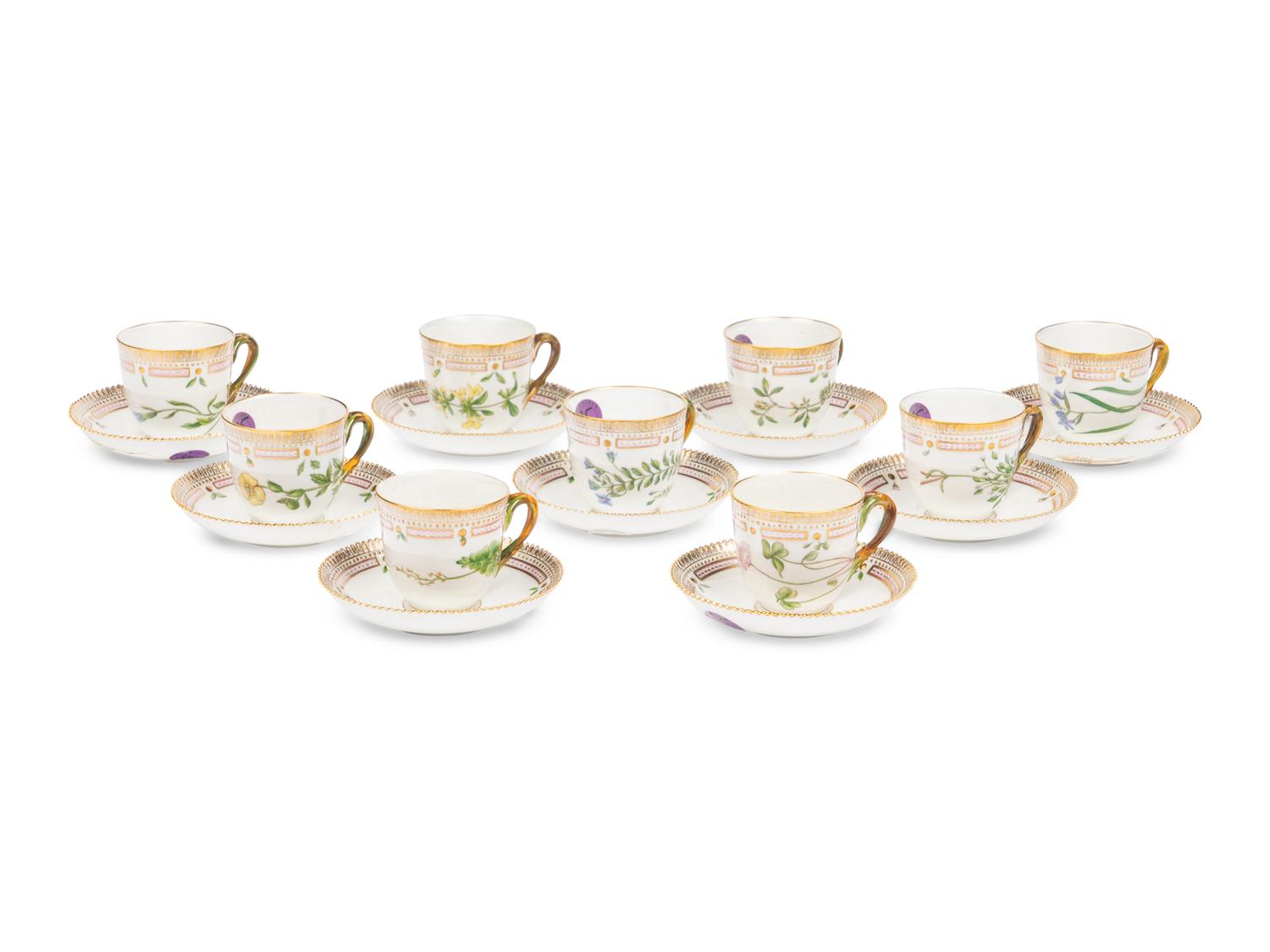 A Set of Nine Royal Copenhagen Flora Danica Porcelain Teacups and Saucers