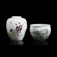 Two Chinese Famille Verte Porcelain Vessels, 20th Century 近代 五彩人物图罐及山水图卷缸各一