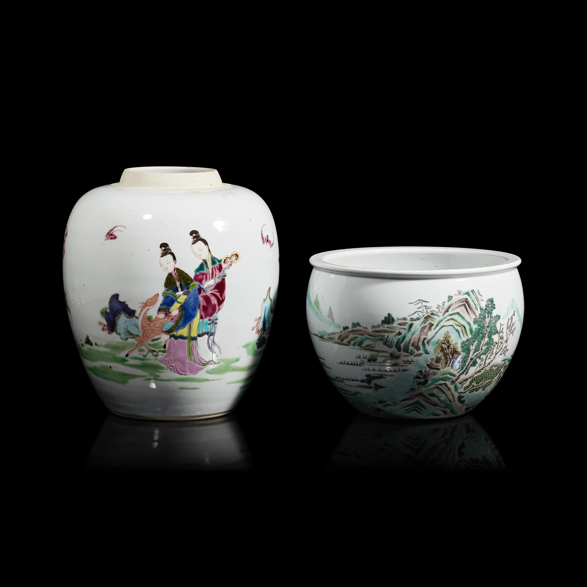 Two Chinese Famille Verte Porcelain Vessels, 20th Century 近代 五彩人物图罐及山水图卷缸各一