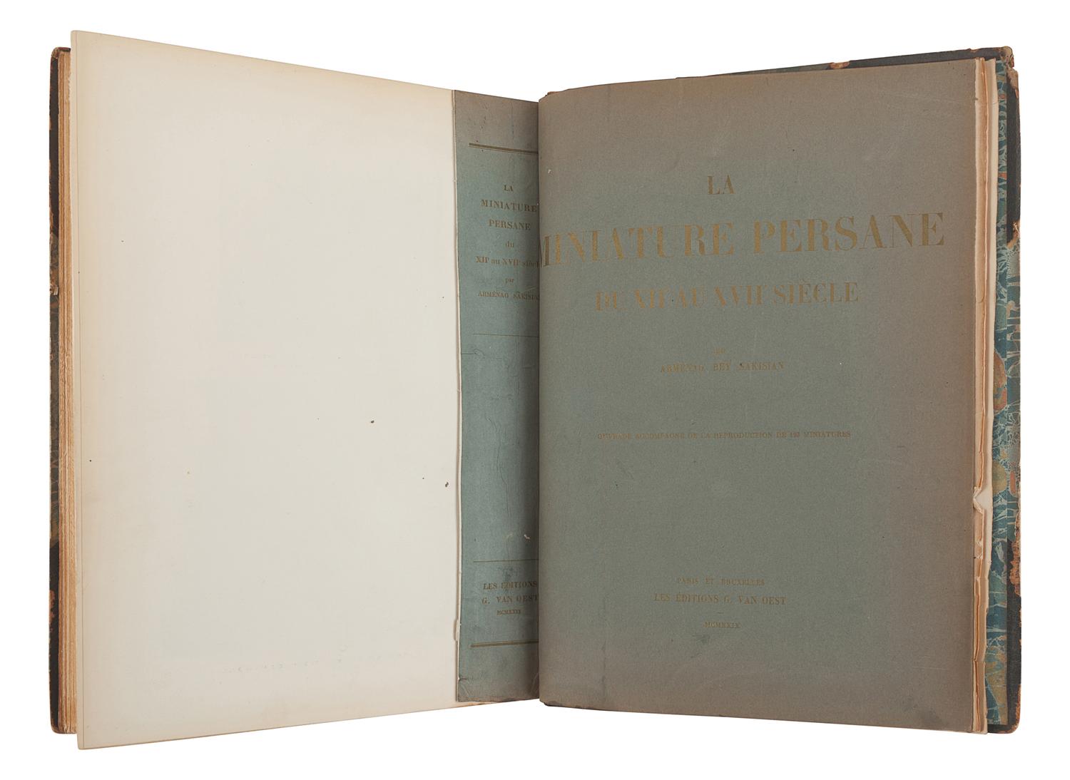 [MIDDLE EASTERN ART]. SAKISIAN, Arménag Bey (1875-1949). La Miniature Persane du XIIe au XVIIe Siècle. Paris and Brussels: Les Editions G. Van Oest, 1929.