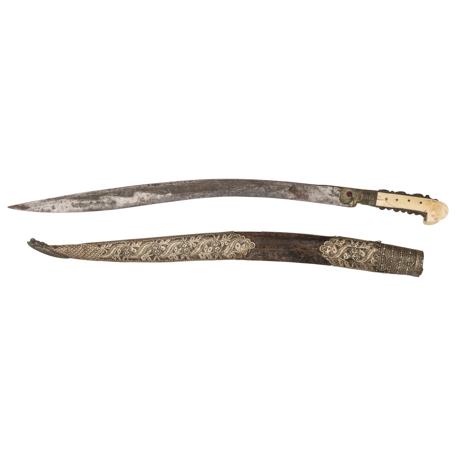 Ottoman Yatagan Sword with Etched Blade and Silver Mounted Scabbard