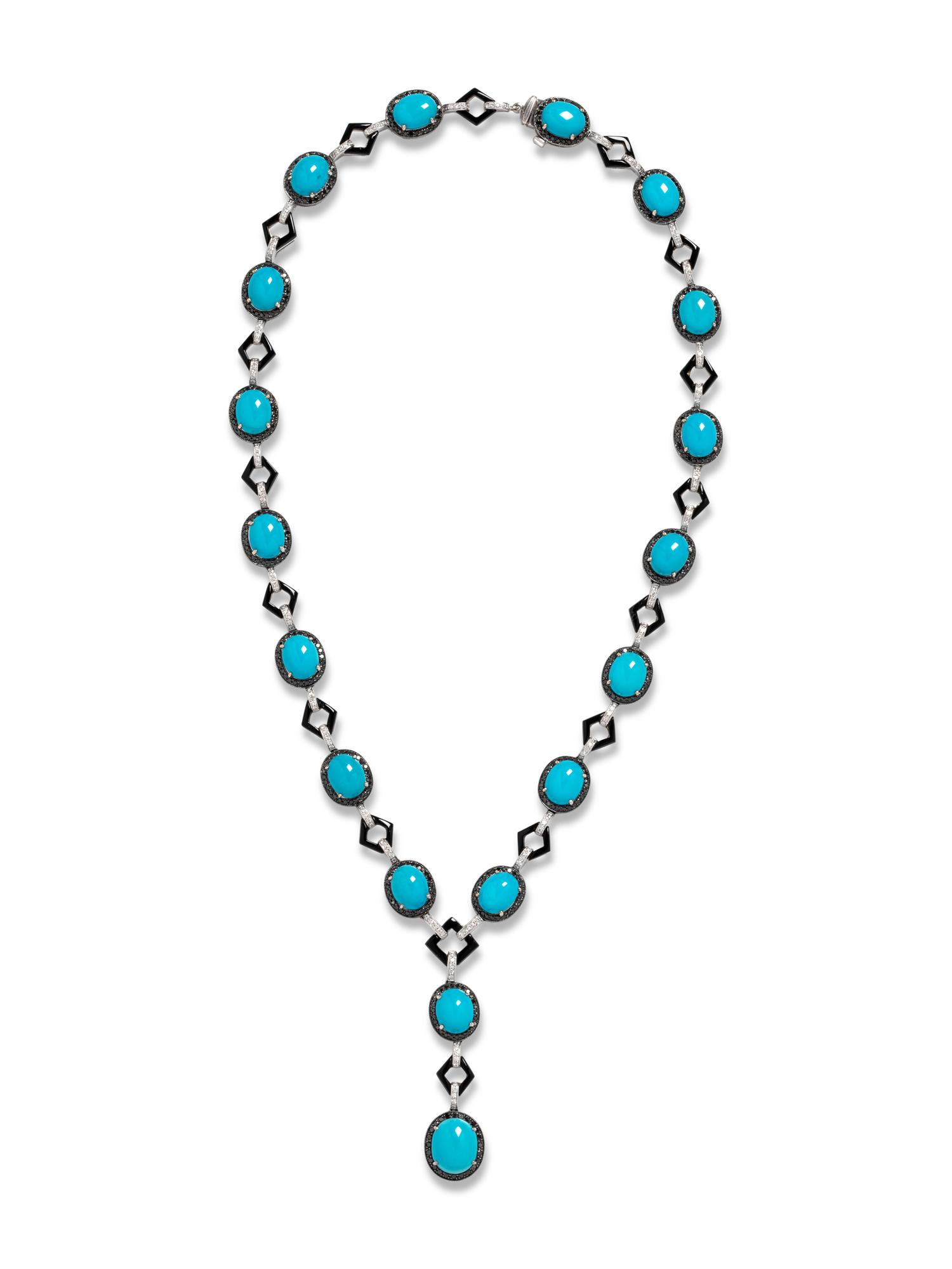 TURQUOISE, DIAMOND, BLACK DIAMOND AND ONYX NECKLACE