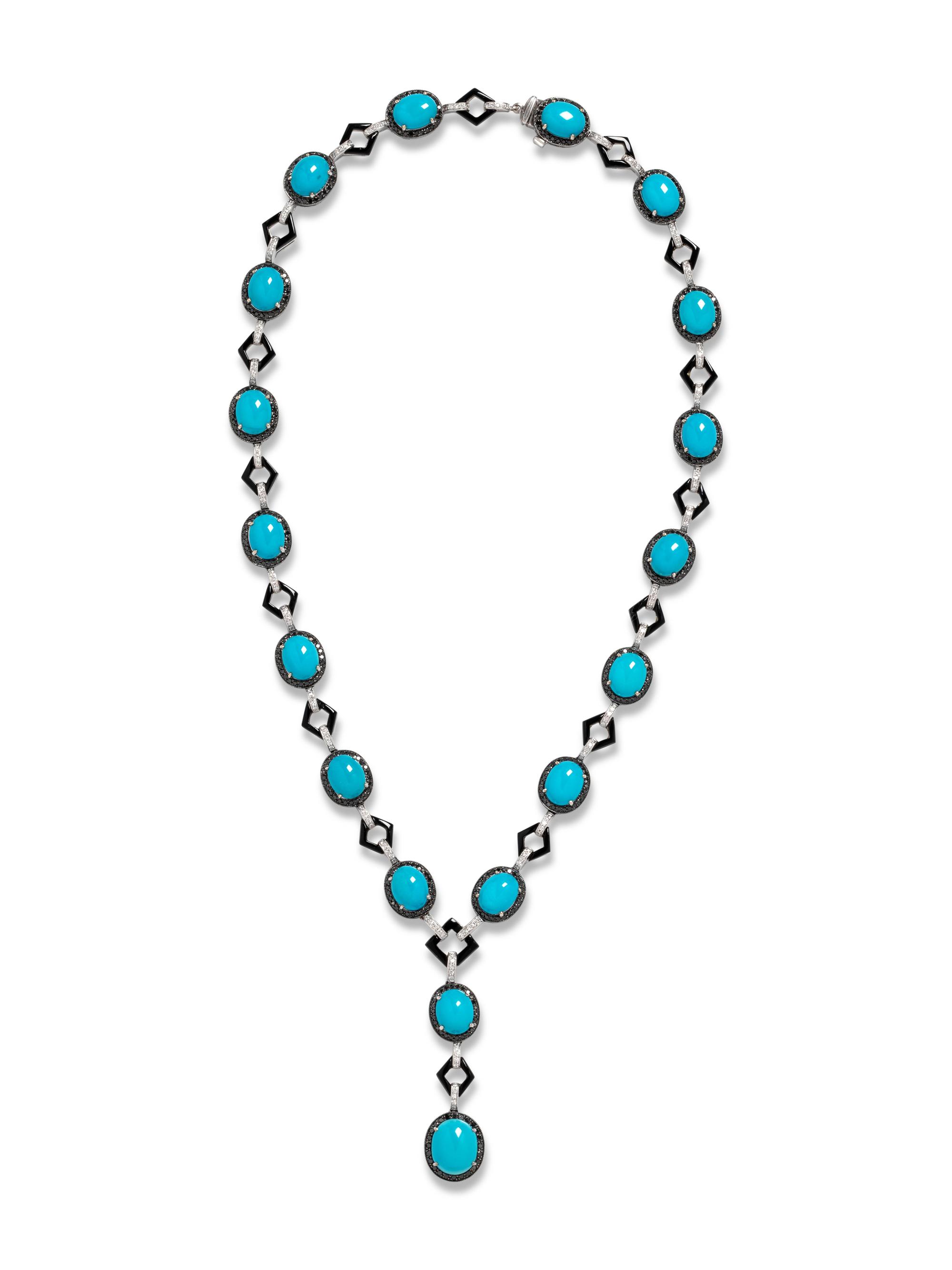 TURQUOISE, DIAMOND, BLACK DIAMOND AND ONYX NECKLACE