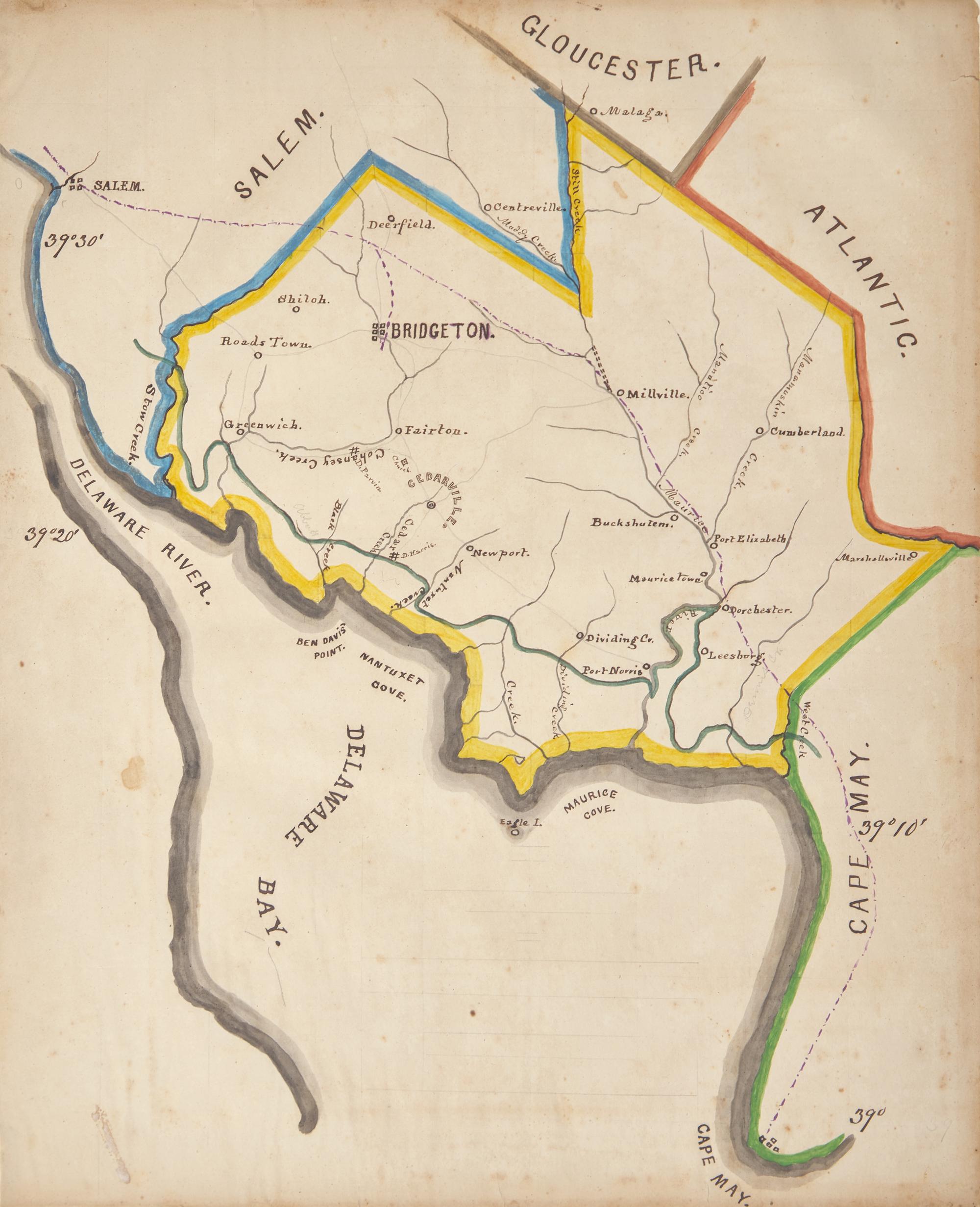 [Americana] [New Jersey] (Parvin, Theodore Sutton). Manuscript Map of Cumberland County, New Jersey, and Environs