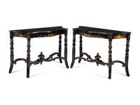 A Pair of English Black and Gilt-Japanned Console Tables