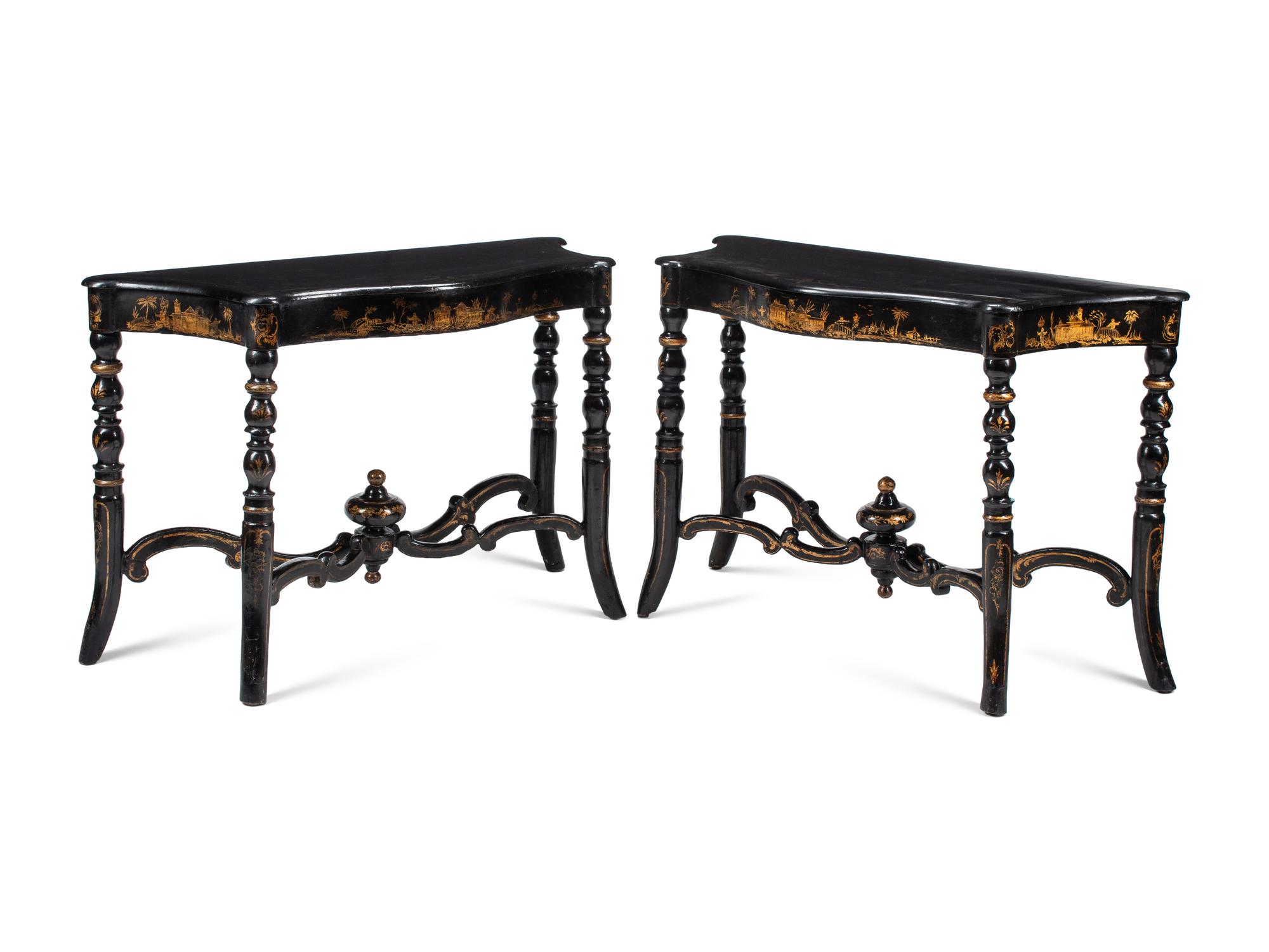 A Pair of English Black and Gilt-Japanned Console Tables
