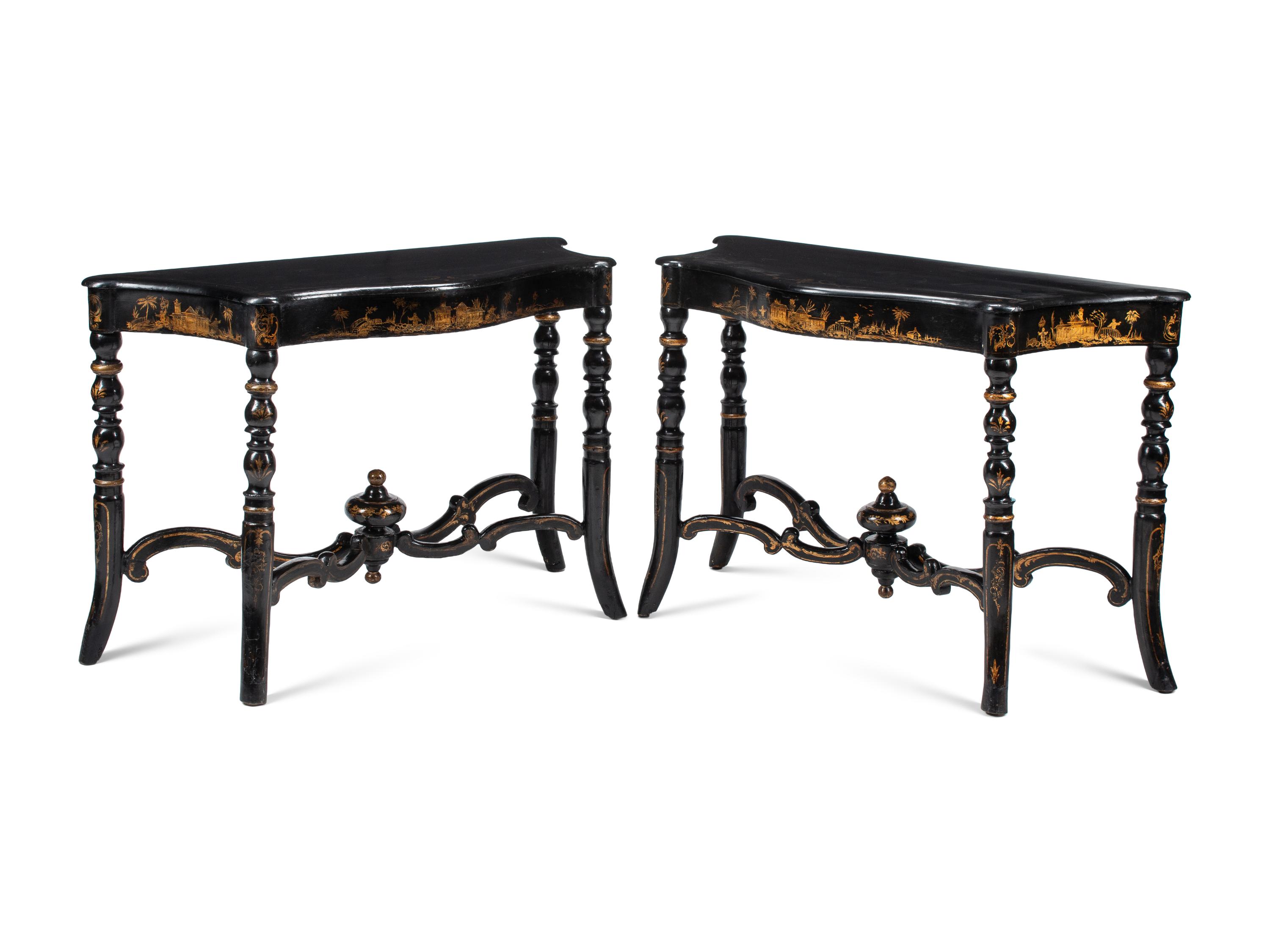 A Pair of English Black and Gilt-Japanned Console Tables