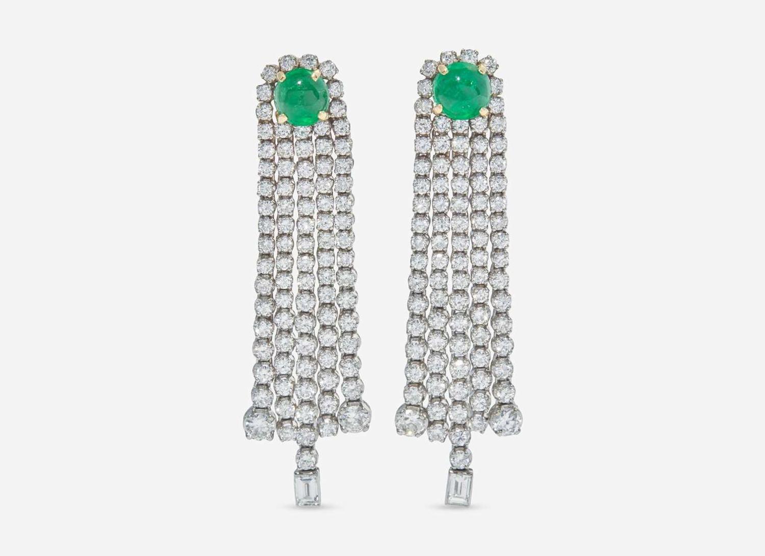 A Pair of 18K White Gold, Diamond, and Emerald Earrings