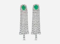 A Pair of 18K White Gold, Diamond, and Emerald Earrings