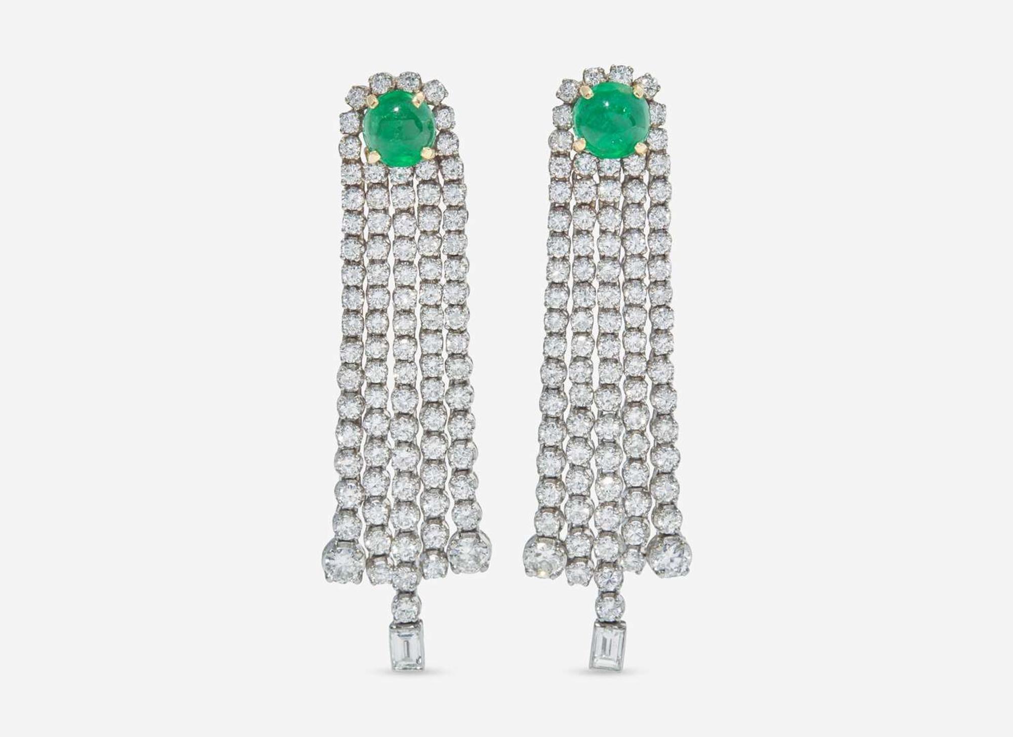 A Pair of 18K White Gold, Diamond, and Emerald Earrings