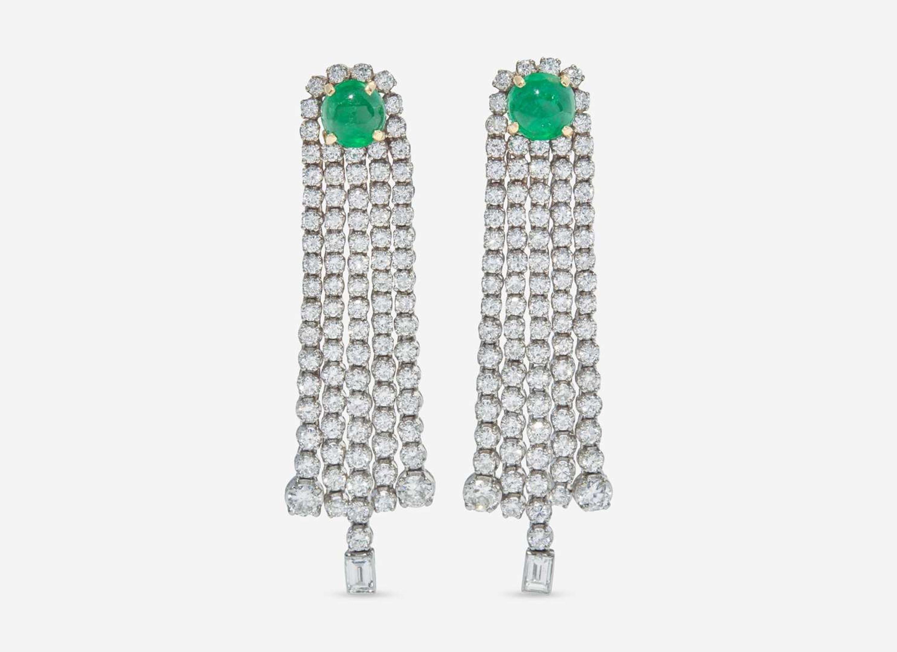 A Pair of 18K White Gold, Diamond, and Emerald Earrings