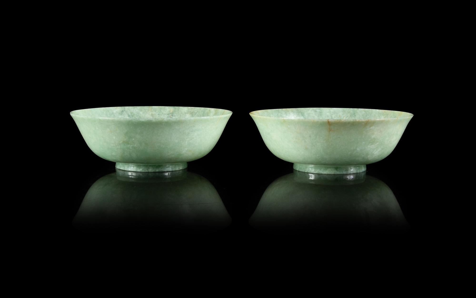 A Pair of Mottled Apple Green Jadeite Bowls