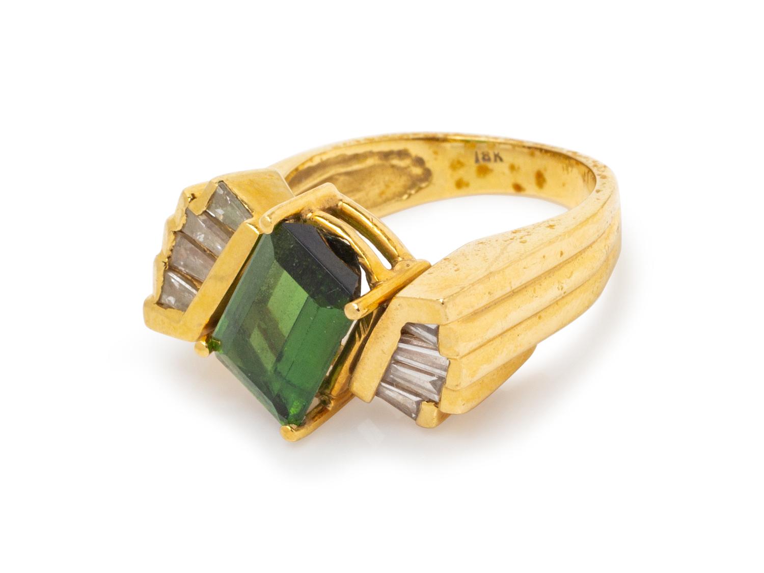 An 18 Karat Yellow Gold, Green Tourmaline and Diamond Ring,
