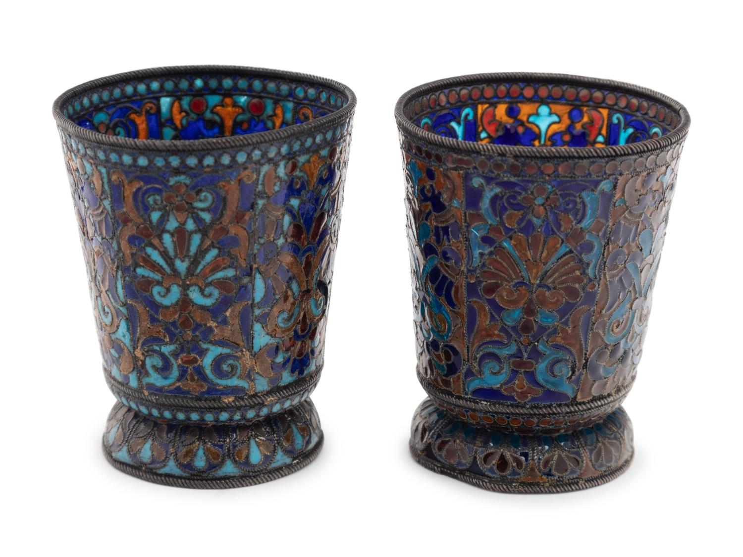 A Pair of Russian Plique-à-Jour Enamel Beakers