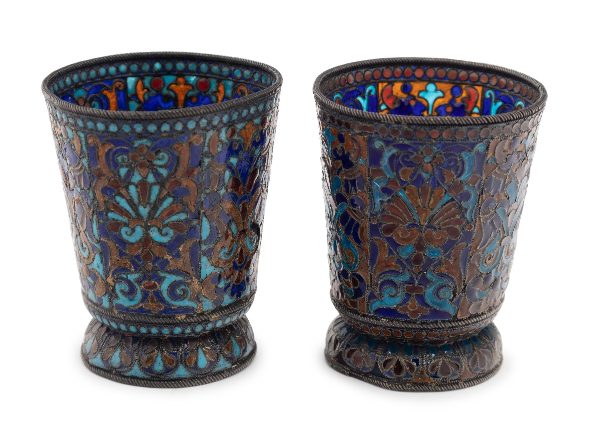 A Pair of Russian Plique-à-Jour Enamel Beakers