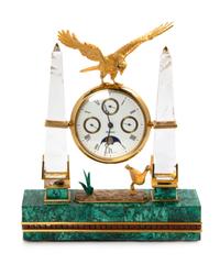 A Swiss Gilt Metal, Rock Crystal and Malachite Veneered Desk Clock, Mouawad Height 13 inches. — MODERN
