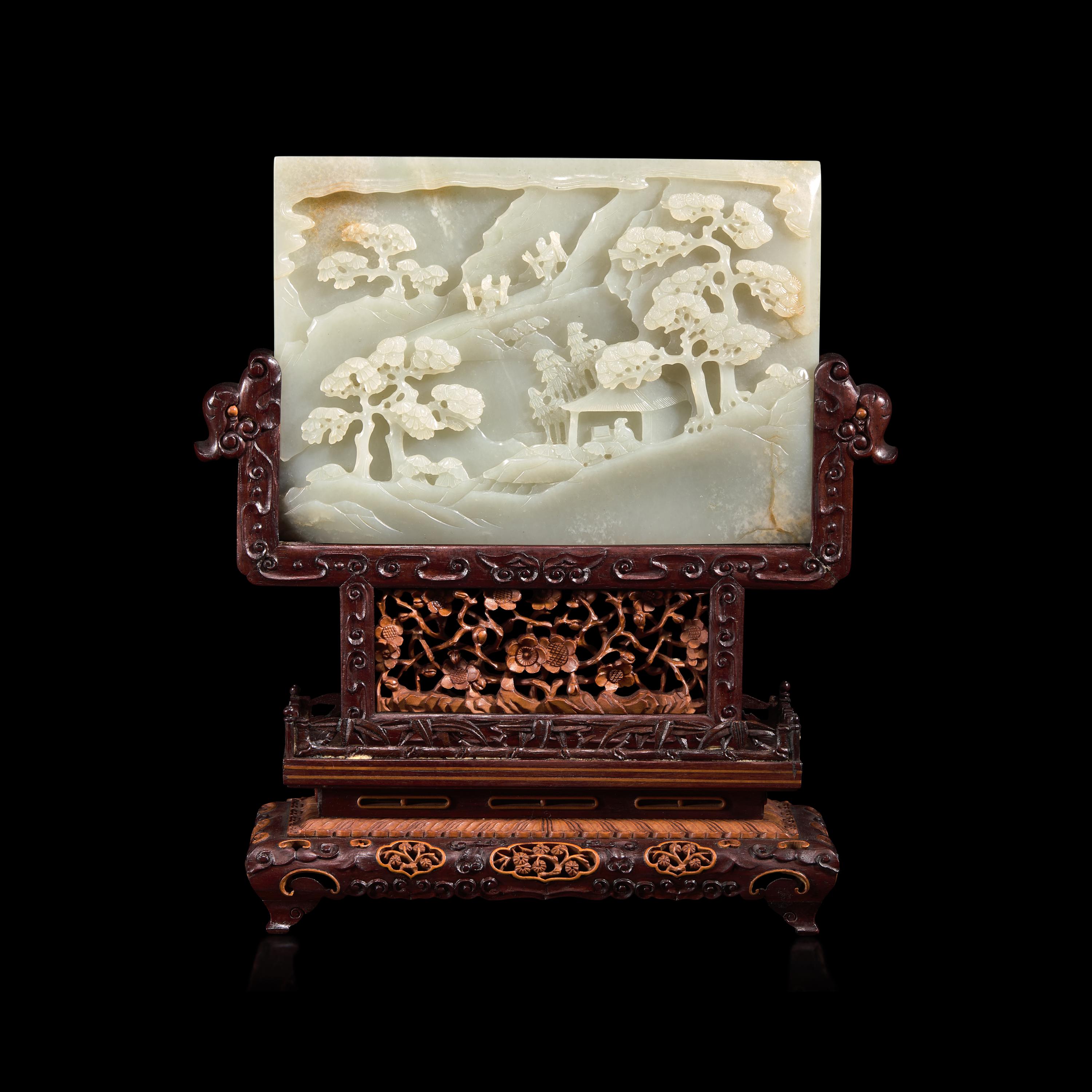 A Chinese Pale Celadon Jade 'Figures in Landscape' Rectangular Table Screen, 18th/Early 19th Century — 清中期 青白玉双面工漁樵耕讀圖砚屏