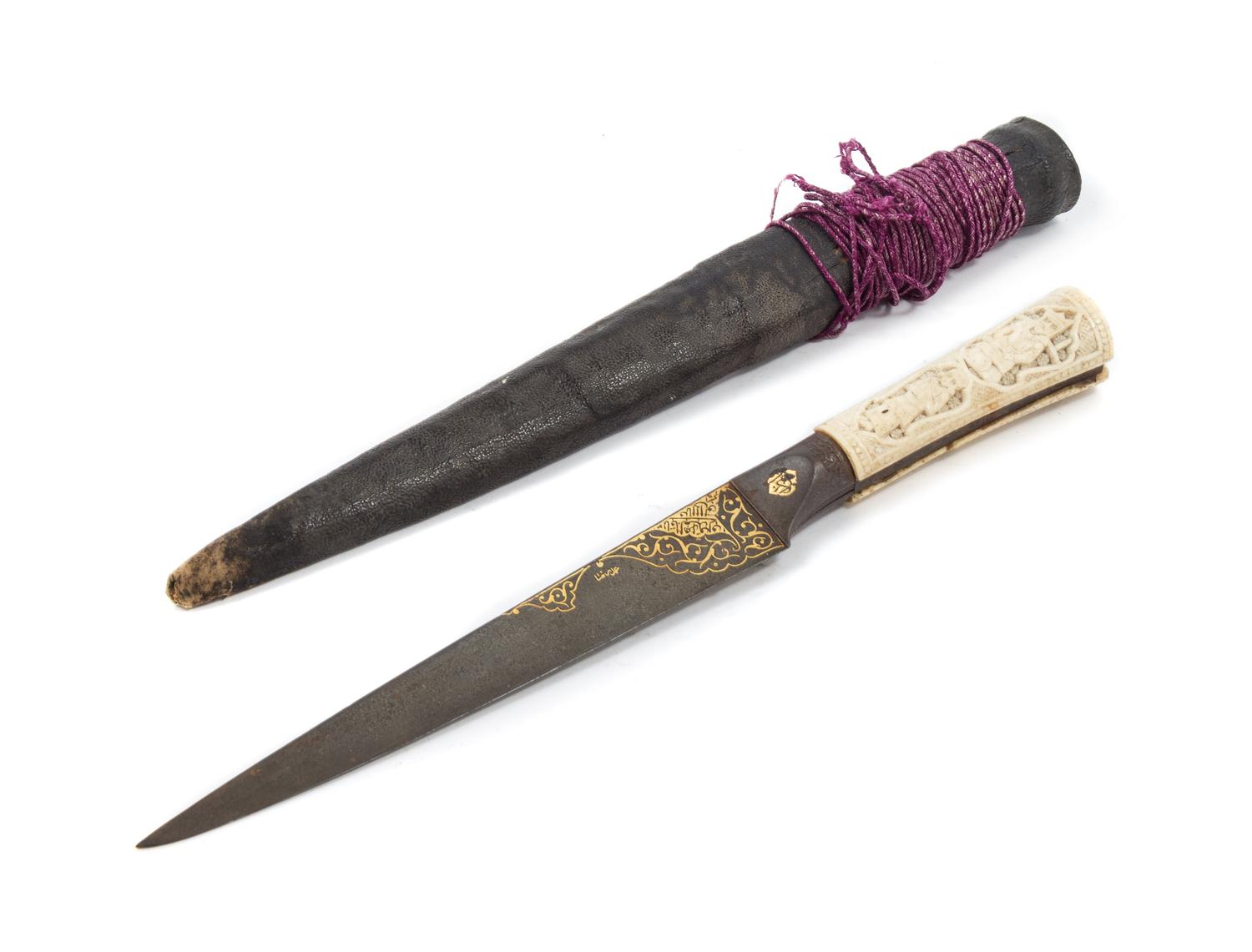 A Persian Bone Mounted and Gold Overlaid Kard Dagger with Leather Sheath 18TH/19TH CENTURY — 18TH/19TH CENTURY