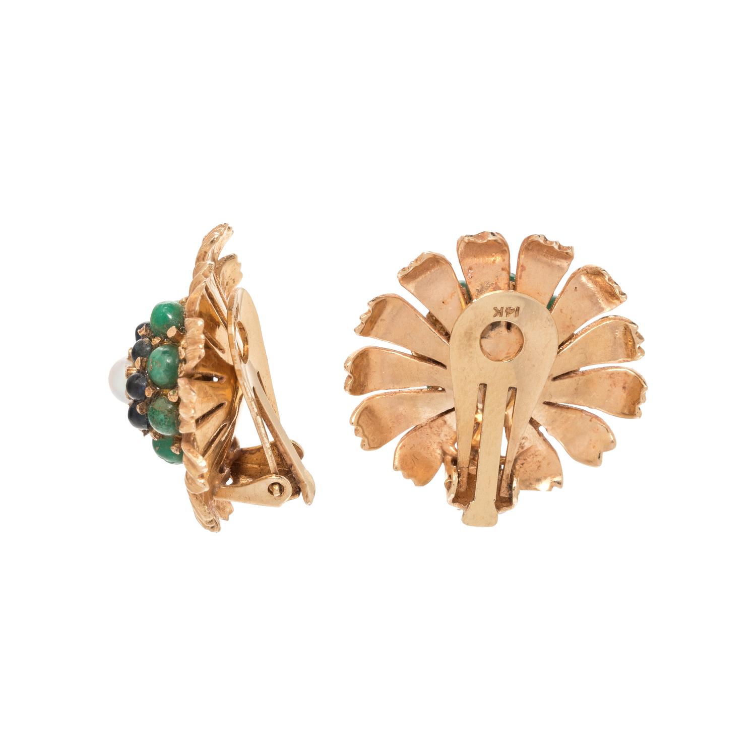 YELLOW GOLD, GEMSTONE AND CULTURED PEARL FLOWER EARCLIPS