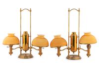 A Pair of Victorian Brass and Opaline Glass Double Student Lamps