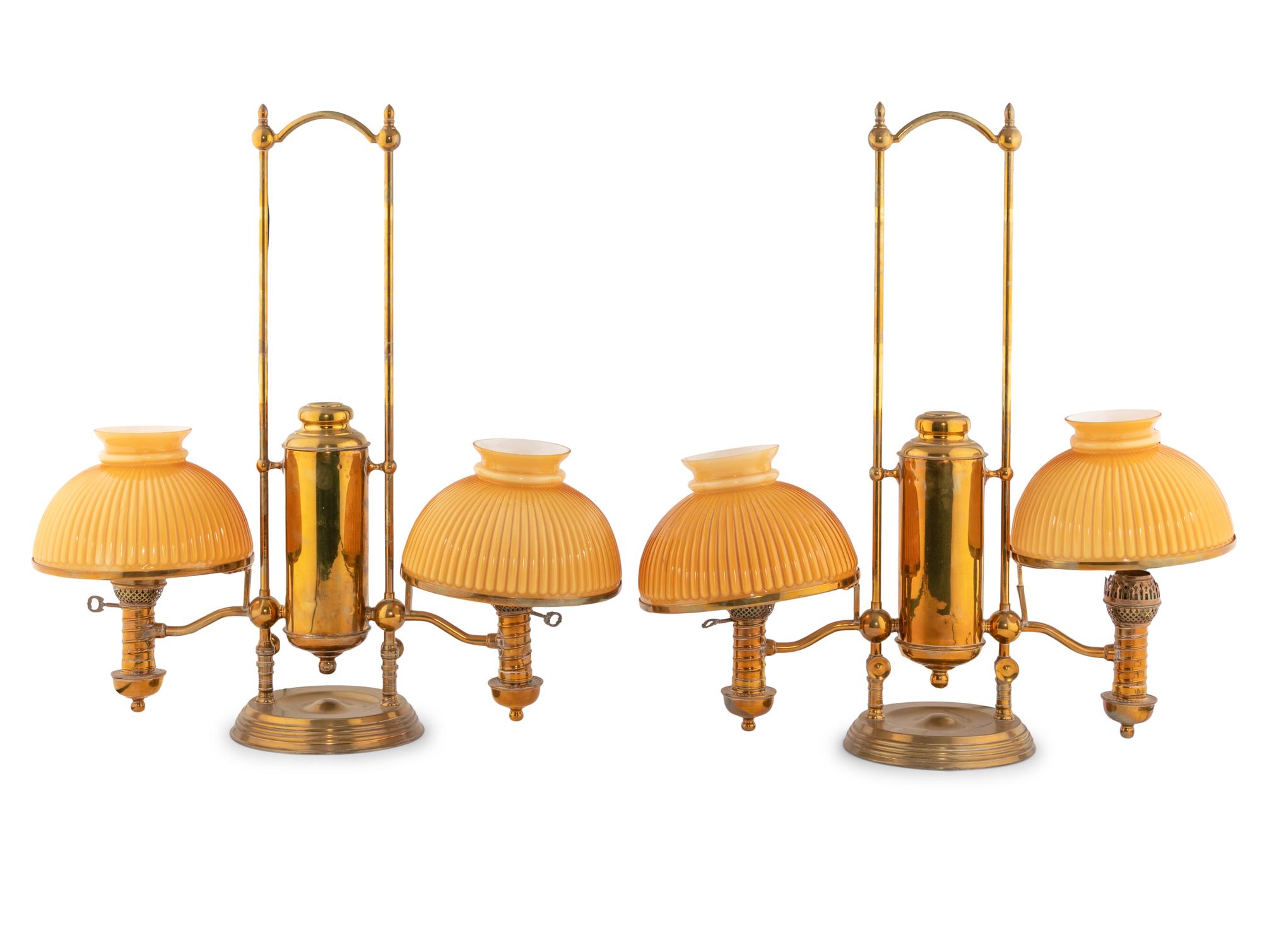 A Pair of Victorian Brass and Opaline Glass Double Student Lamps