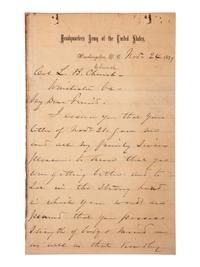 [CIVIL WAR]. A group of 3 autographed items, highlighted by: SHERMAN, William Tecumseh (1820-1891). Autograph letter signed ("W.T. Sherman") as Commanding General of the US Army. Washington, DC. 24 November 1874.