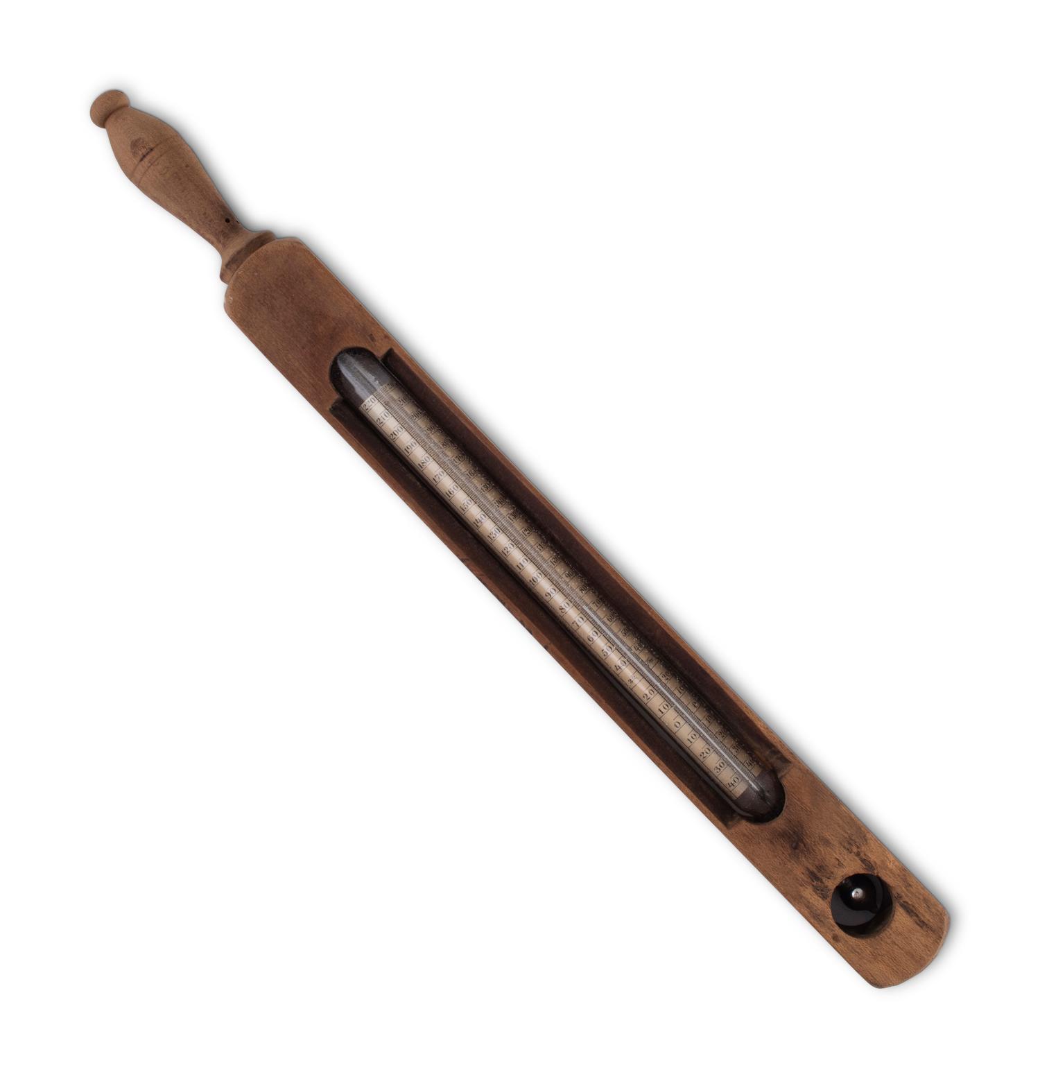 A Copper Tycos Candy Thermometer and a Wood Encased Floating Bath or Dairy Thermometer