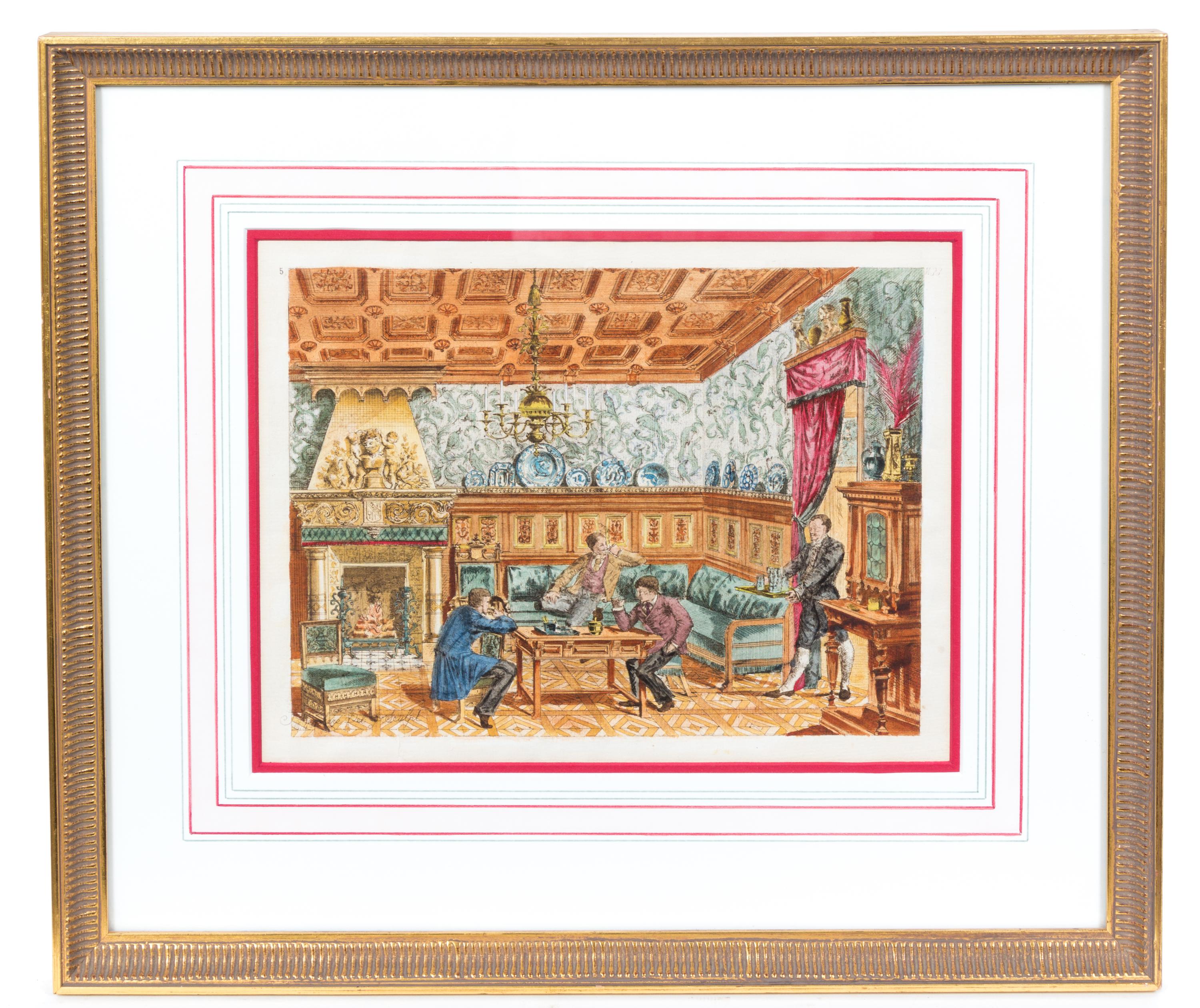 A Pair of Hand Colored Interior Illustrations First 9 x 12 1/2 inches (visible).