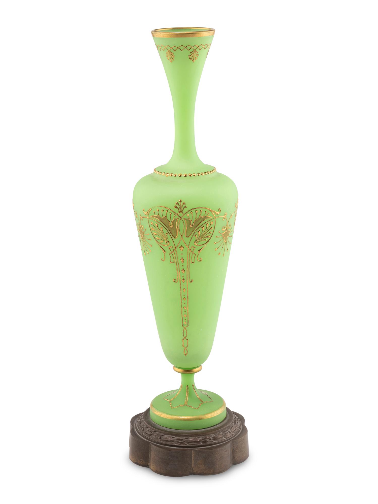 A French Gilt Decorated Green Opaline Glass Vase