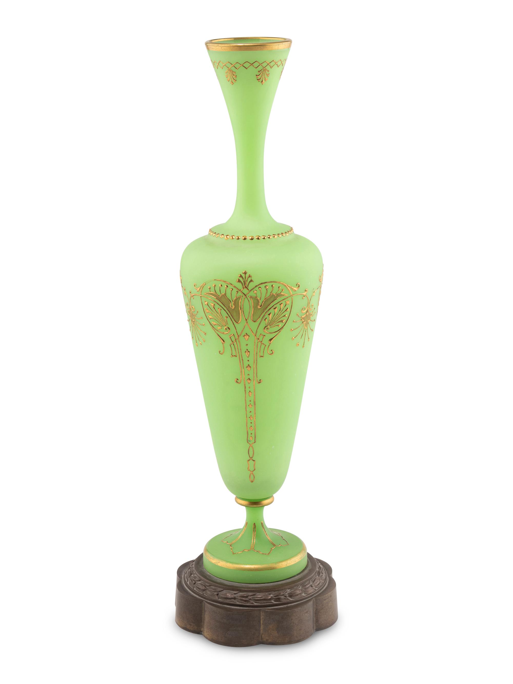 A French Gilt Decorated Green Opaline Glass Vase
