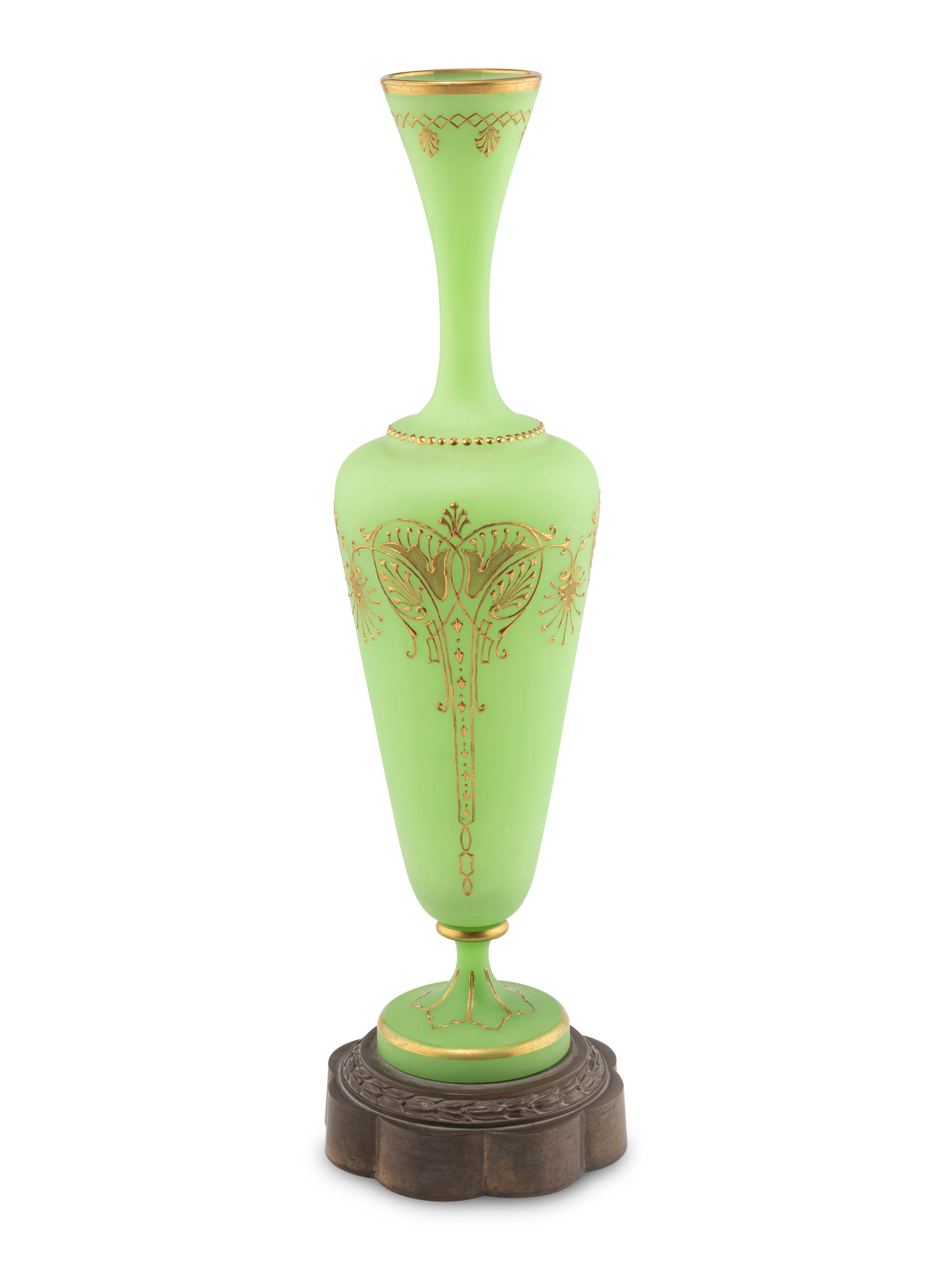 A French Gilt Decorated Green Opaline Glass Vase