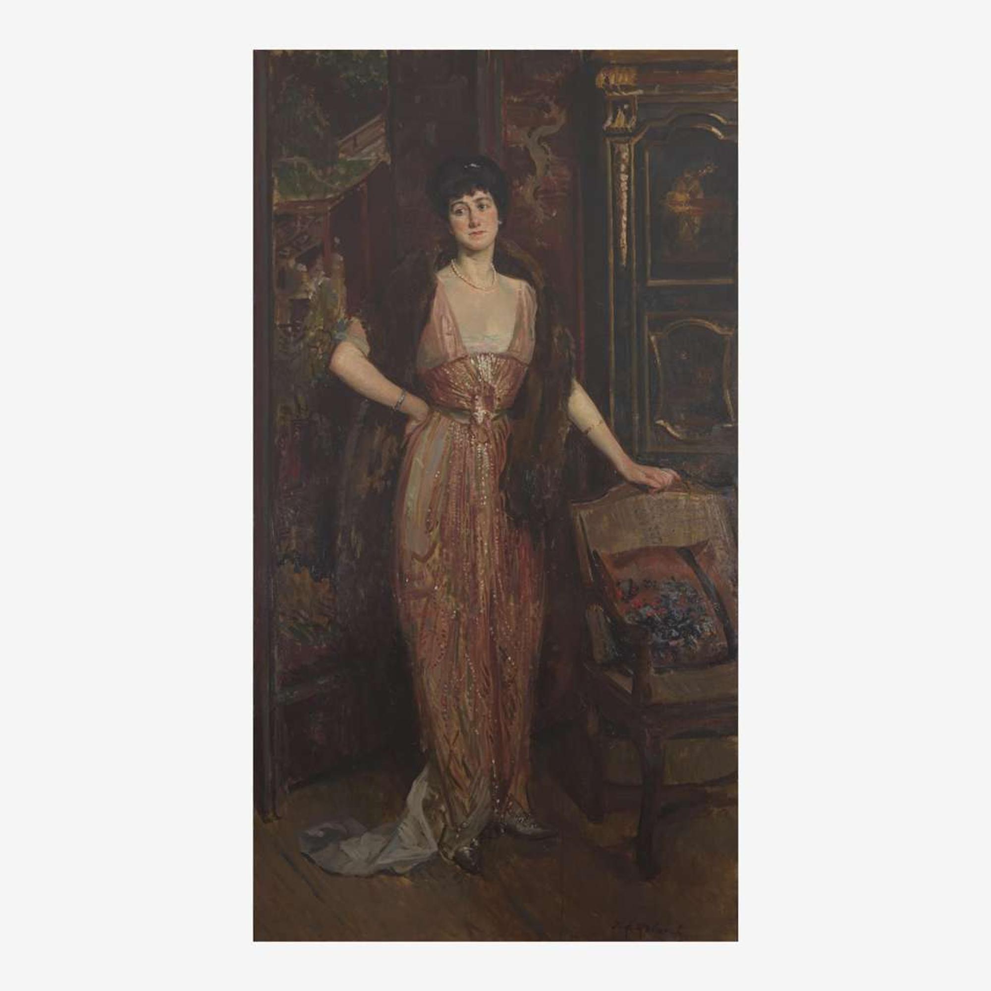 Jacques-Émile Blanche (French, 1861–1942) Portrait of a Lady With a Fur in a Chinese Cabinet, Full Length