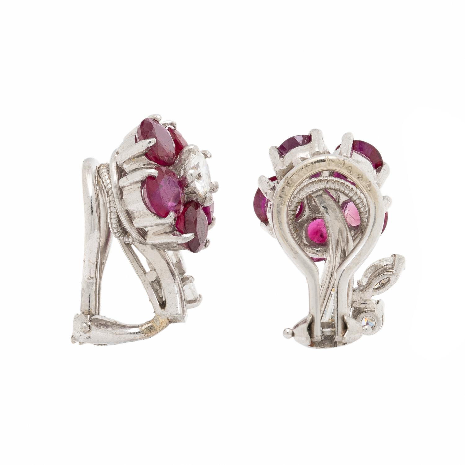 J.E. CALDWELL & CO., RUBY AND DIAMOND FLOWER EARRINGS