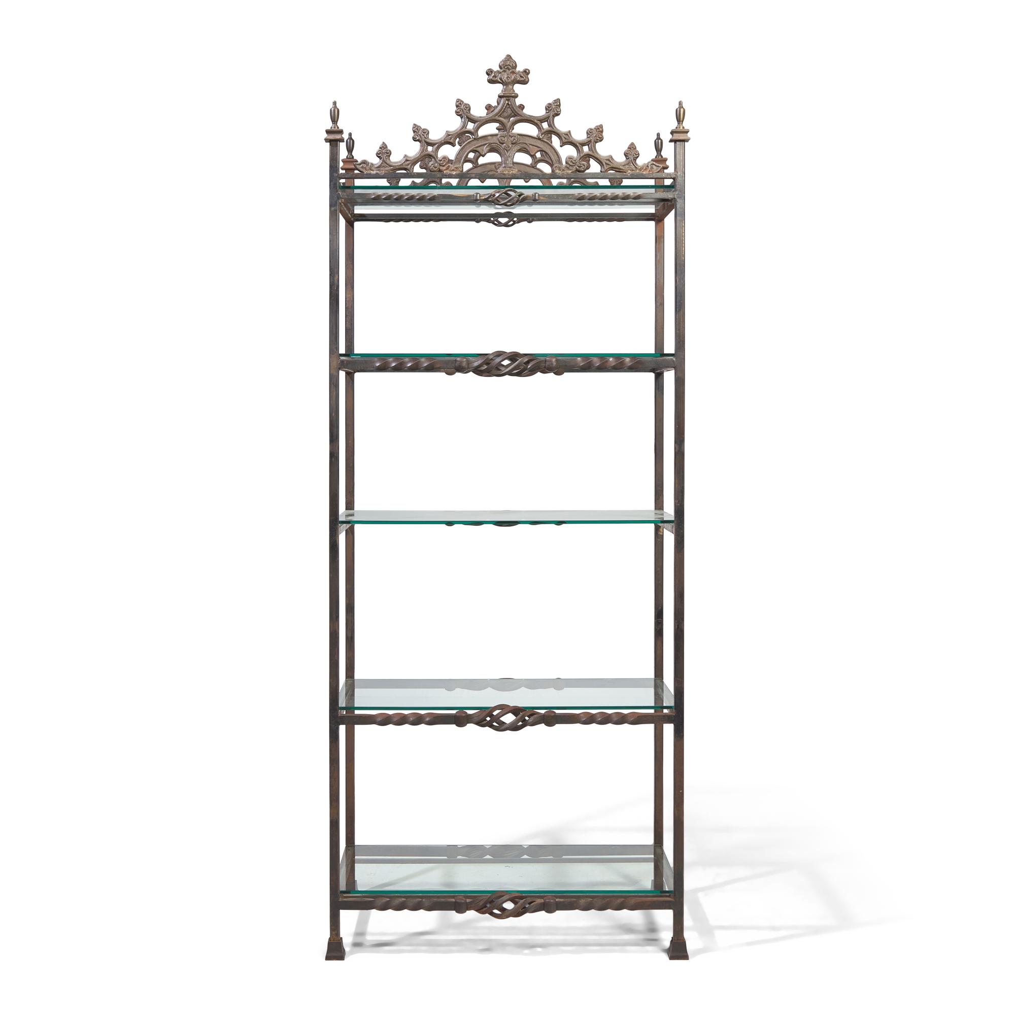 A Neo-Gothic Style Wrought Iron and Glass Bookshelf
