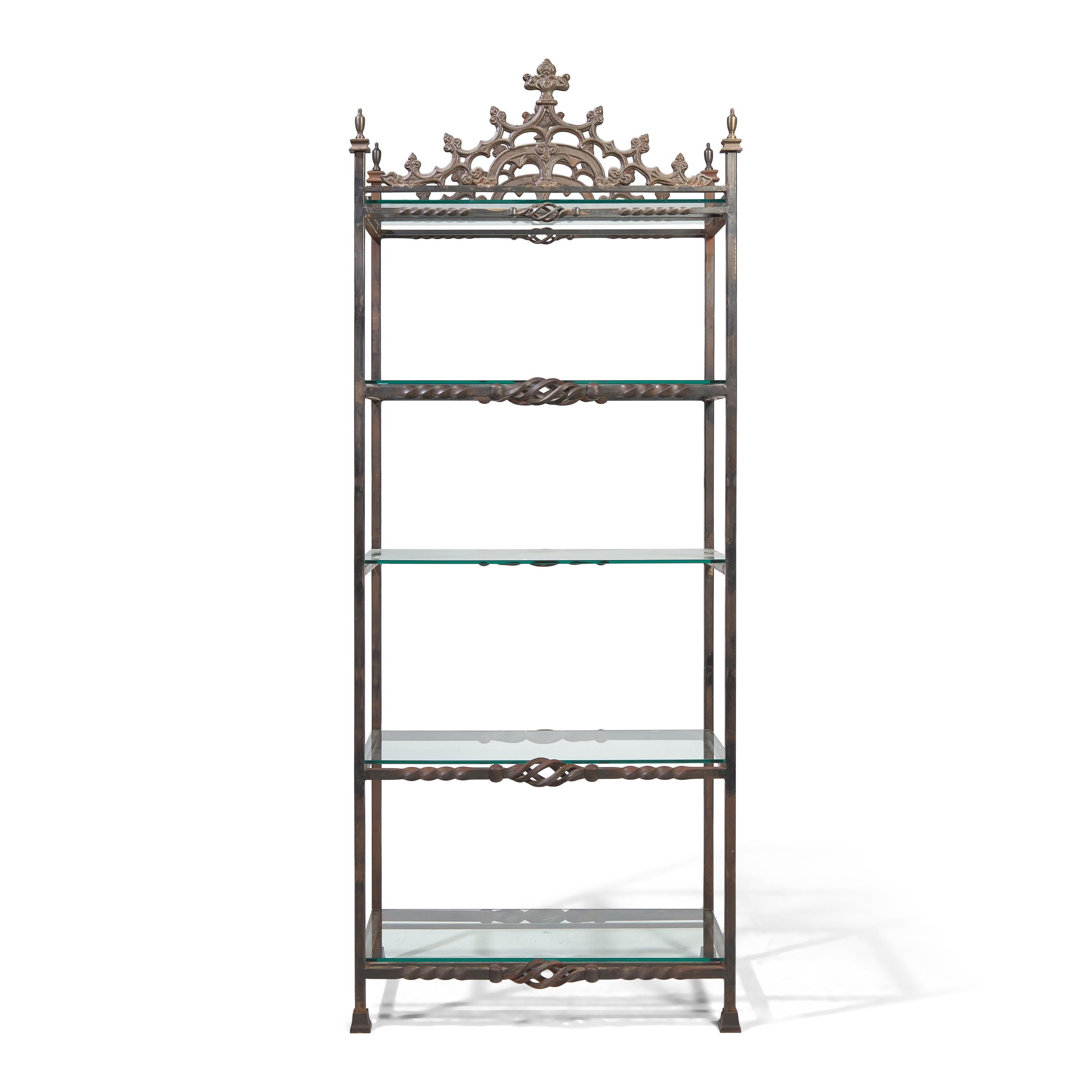 A Neo-Gothic Style Wrought Iron and Glass Bookshelf