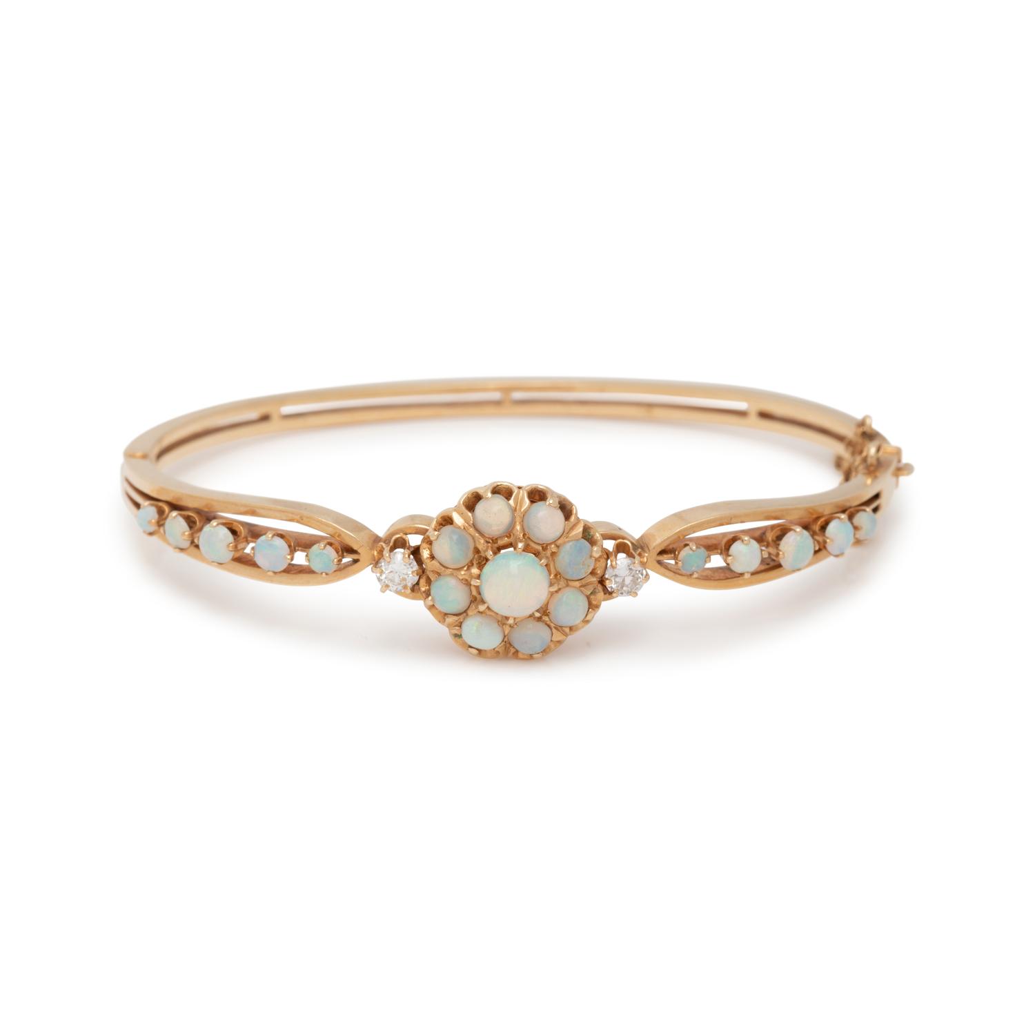 YELLOW GOLD, OPAL AND DIAMOND BANGLE BRACELET